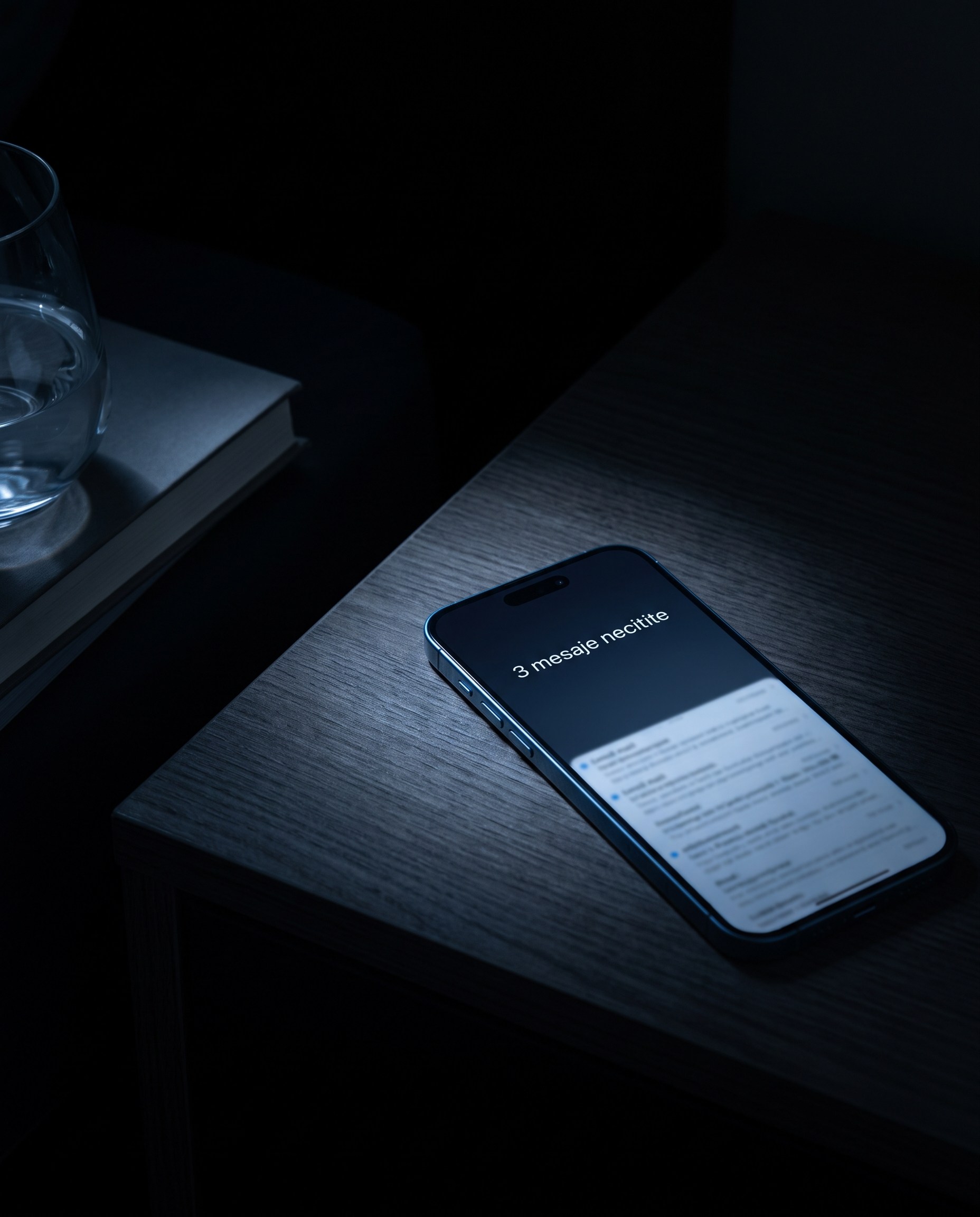 Pe o noptieră din lemn de culoare închisă se află un smartphone pe care apare mesajul „3 notificări ratate”. Lângă acesta se află un pahar cu apă și o carte închisă. Scena este slab iluminată, creând o atmosferă nocturnă plină de mister.