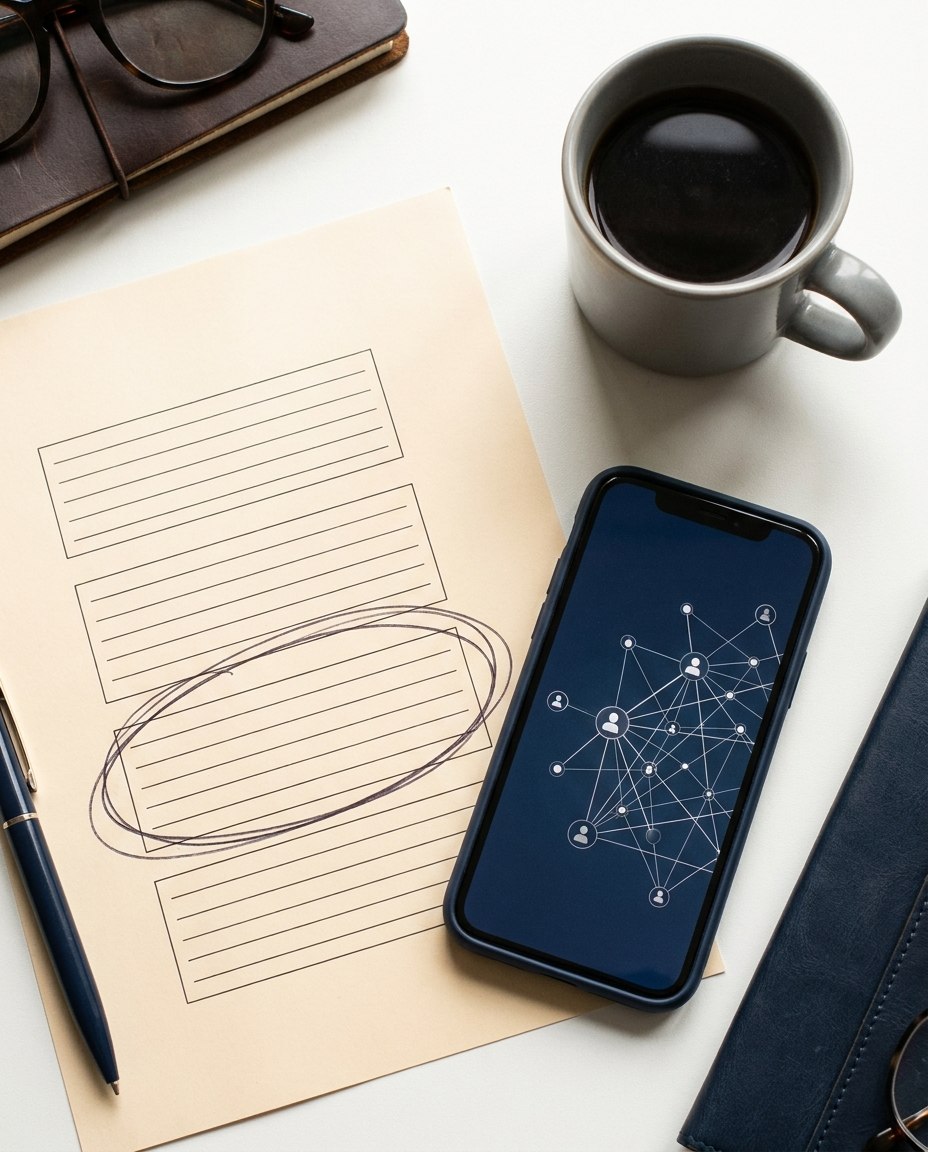 Pe un birou alb se află o foaie cu secțiuni liniate, dintre care una este încercuită cu un cerc gros, alături de un stilou, un smartphone pe care se afișează o diagramă digitală a rețelei, o ceașcă de cafea neagră, o pereche de ochelari și un caiet închis.