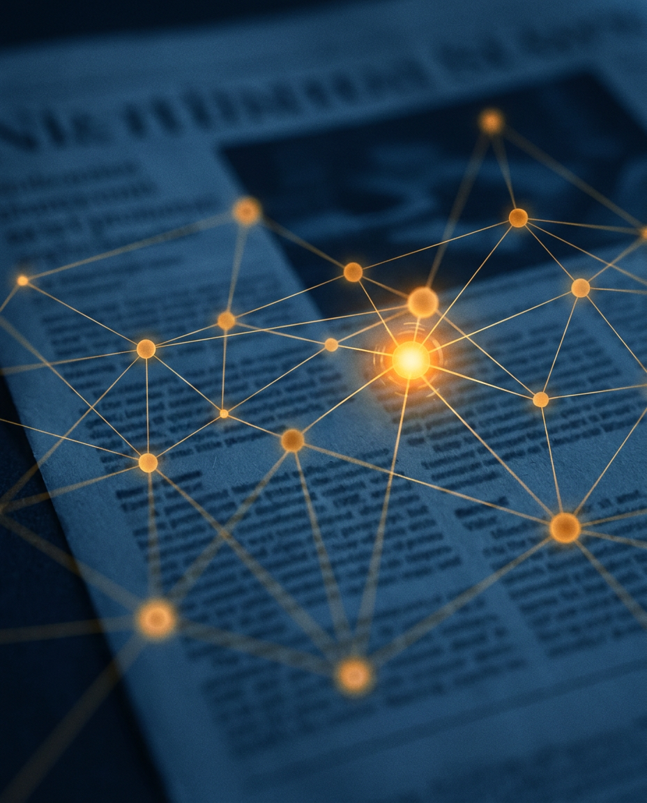 O pagină de ziar pe care se suprapun noduri și linii luminoase interconectate, simbolizând o rețea digitală sau conexiuni de date peste știrile tipărite.