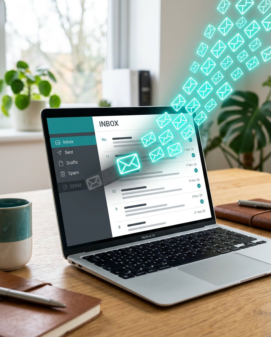 Pe un laptop așezat pe un birou din lemn se vede o fereastră cu căsuța de e-mail. Pe ecran par să zboare pictograme în formă de plicuri digitale, simbolizând e-mailurile primite. În fundal se văd plante și articole de birou.