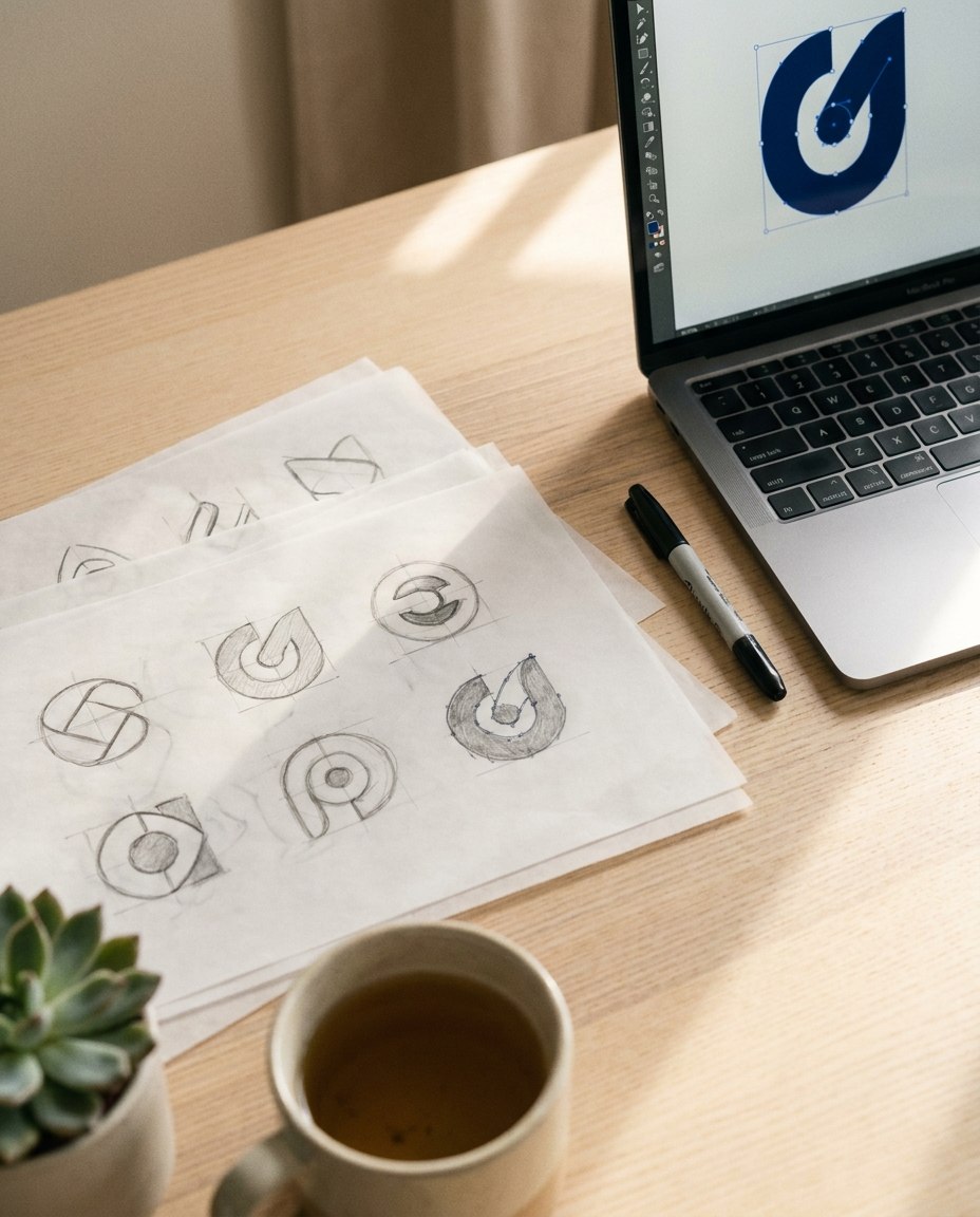 Birou de designer cu schite de logo pe hartie de calc si un laptop cu logo vectorial
