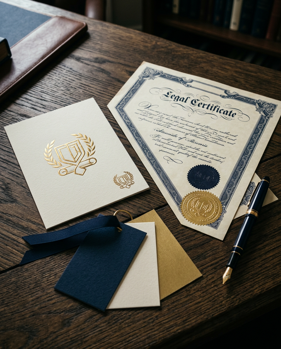 Un certificat oficial, un stilou și câteva cărți de vizită elegante, cu detalii aurii, sunt așezate cu grijă pe un birou din lemn, sugerând o realizare oficială sau academică.