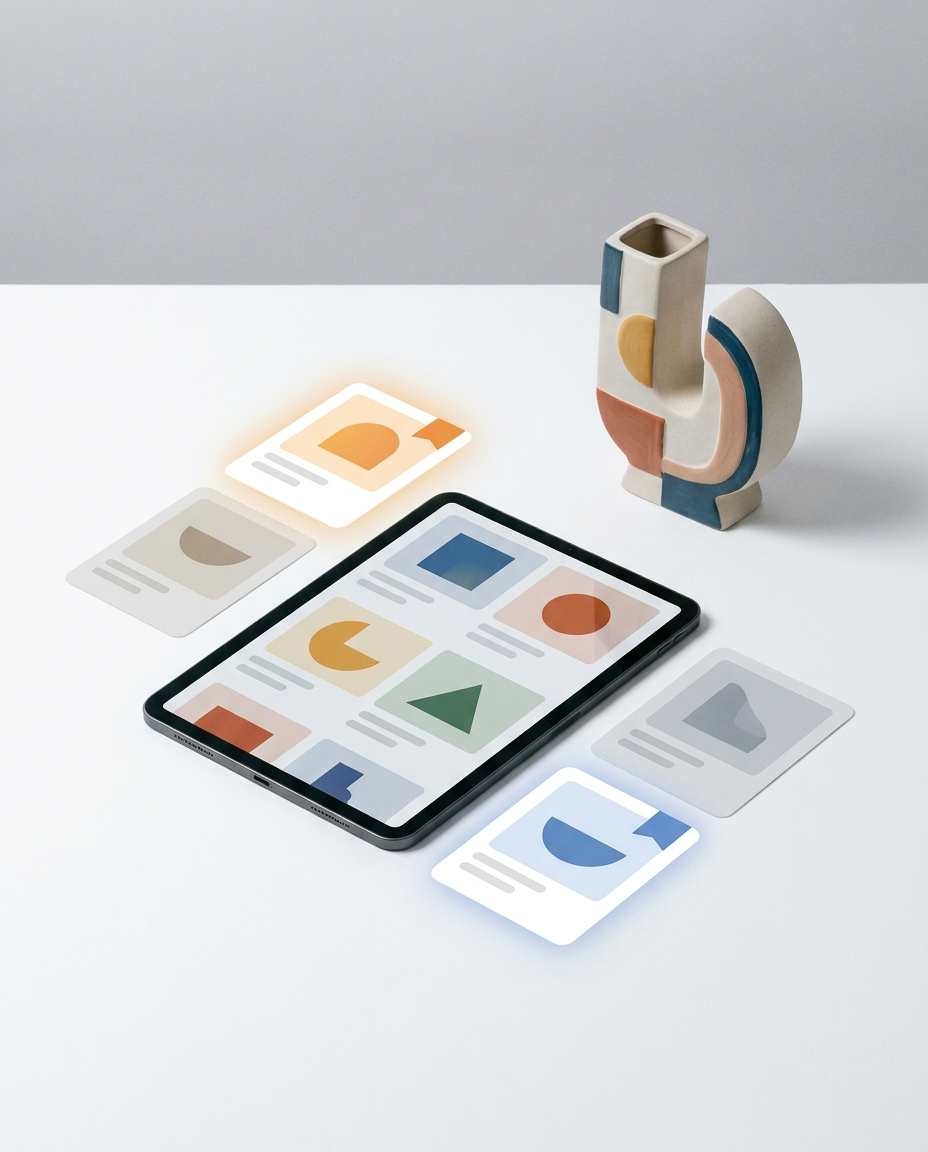 Pe o tabletă sunt afișate forme abstracte, înconjurate de cartonașe translucide plutitoare cu motive similare. În apropiere, pe o suprafață albă, se află o vază modernă, geometrică, cu forme colorate.