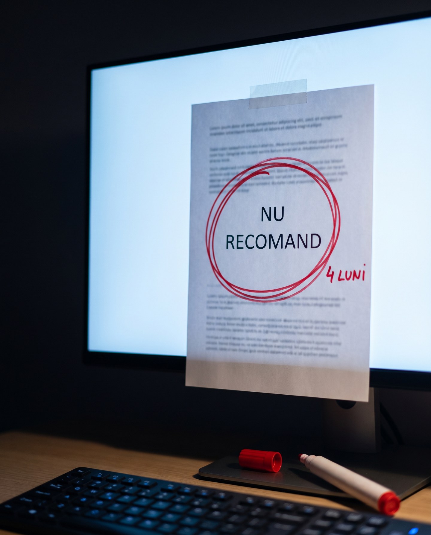 Captură tipărită lipită peste ecranul unui monitor, cu o mențiune negativă încercuită cu markerul roșu