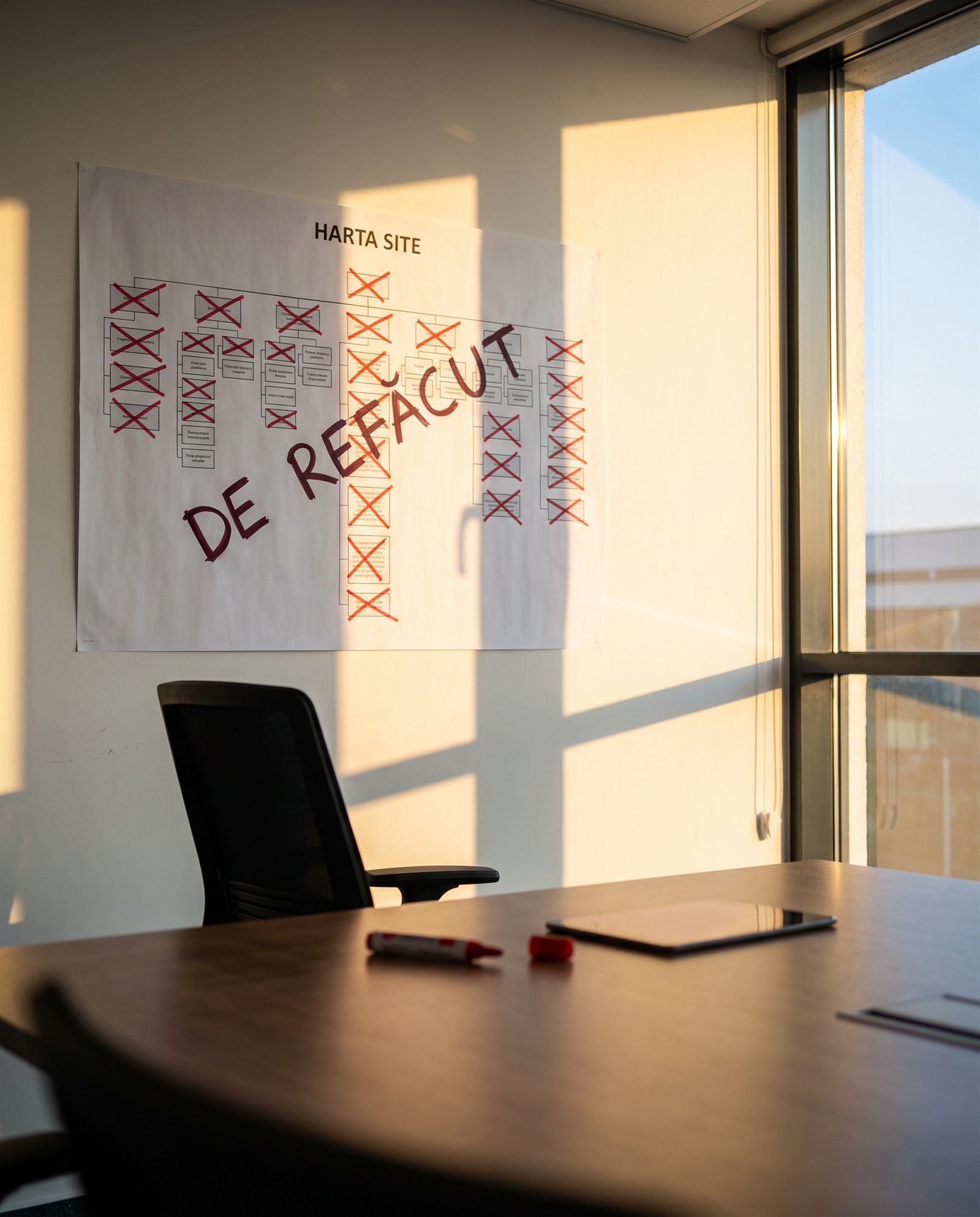 Un birou luminat de soare, cu o masă, un scaun, markere și un blocnotes. Pe perete se află un grafic intitulat „HARTA SITE”, pe care este scris „DE REFACT”, iar unele elemente sunt tăiate.