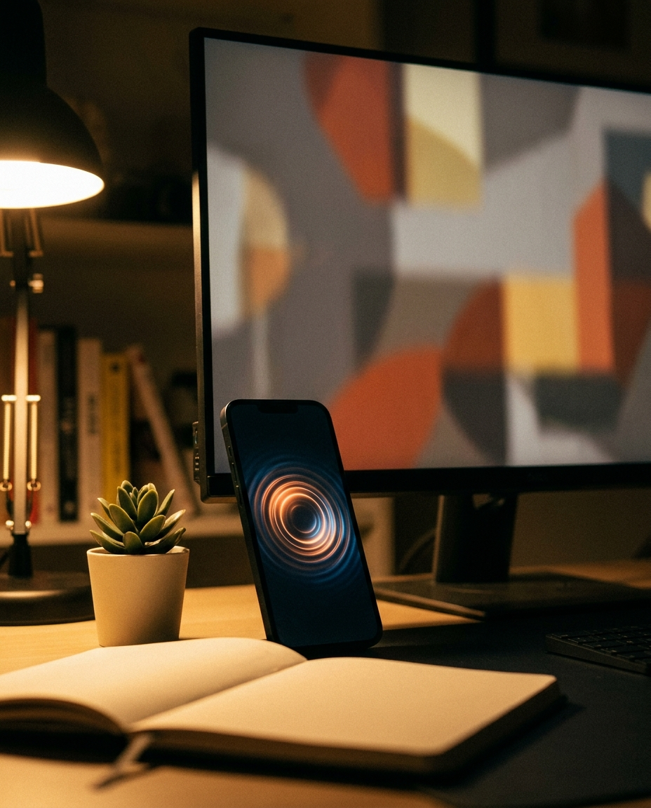 Un birou pe care se află o plantă suculentă în ghiveci, un caiet deschis, un smartphone pe ecranul căruia se vede un model circular și un monitor de computer pe care se afișează forme abstracte, toate iluminate discret de o lampă de birou.