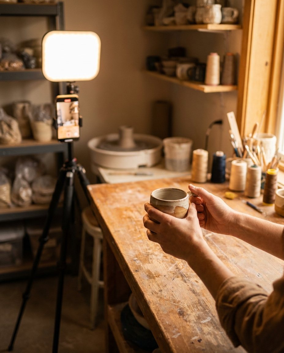 O persoană care ține în mână o cană de ceramică realizată manual într-un atelier de olărit, cu un telefon și o lumină puternică așezată pe un trepied, care filmează scena. În fundal se văd rafturi cu obiecte de ceramică și materiale artistice, iar lumina soarelui pătrunde prin fereastră.