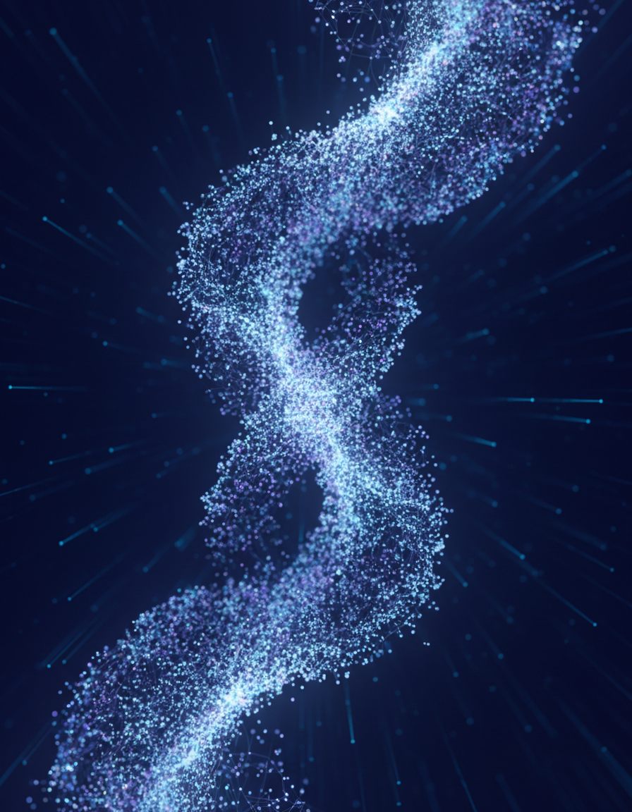 O dublă helix de ADN abstractă și strălucitoare, formată din particule minuscule de culoare albastră și violetă, plutește pe un fundal întunecat, din care radiază spre exterior dâre de lumină.