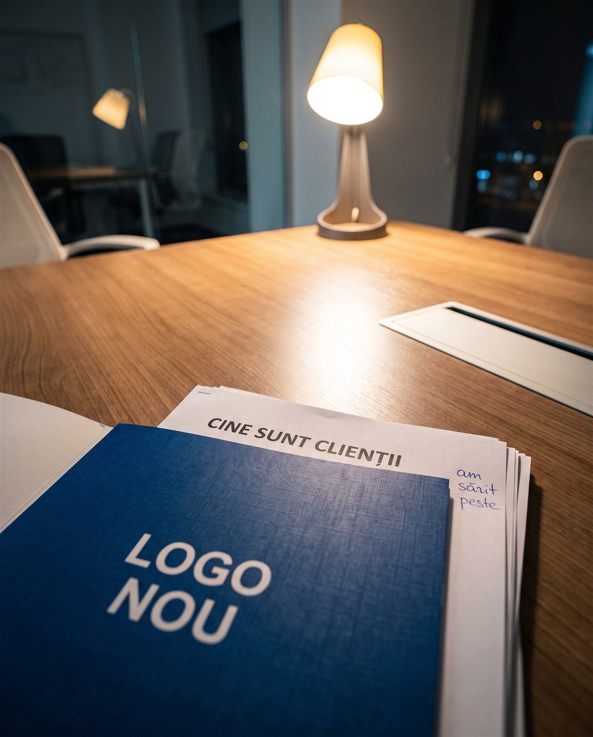 Un dosar albastru cu inscripția „LOGO NOU” se află așezat peste niște documente pe o masă de conferințe din lemn, luminată de o lampă mică. Pe foaia de sus scrie „CINE SUNT CLIENȚII”. În fundal se văd scaune de birou și ferestre.