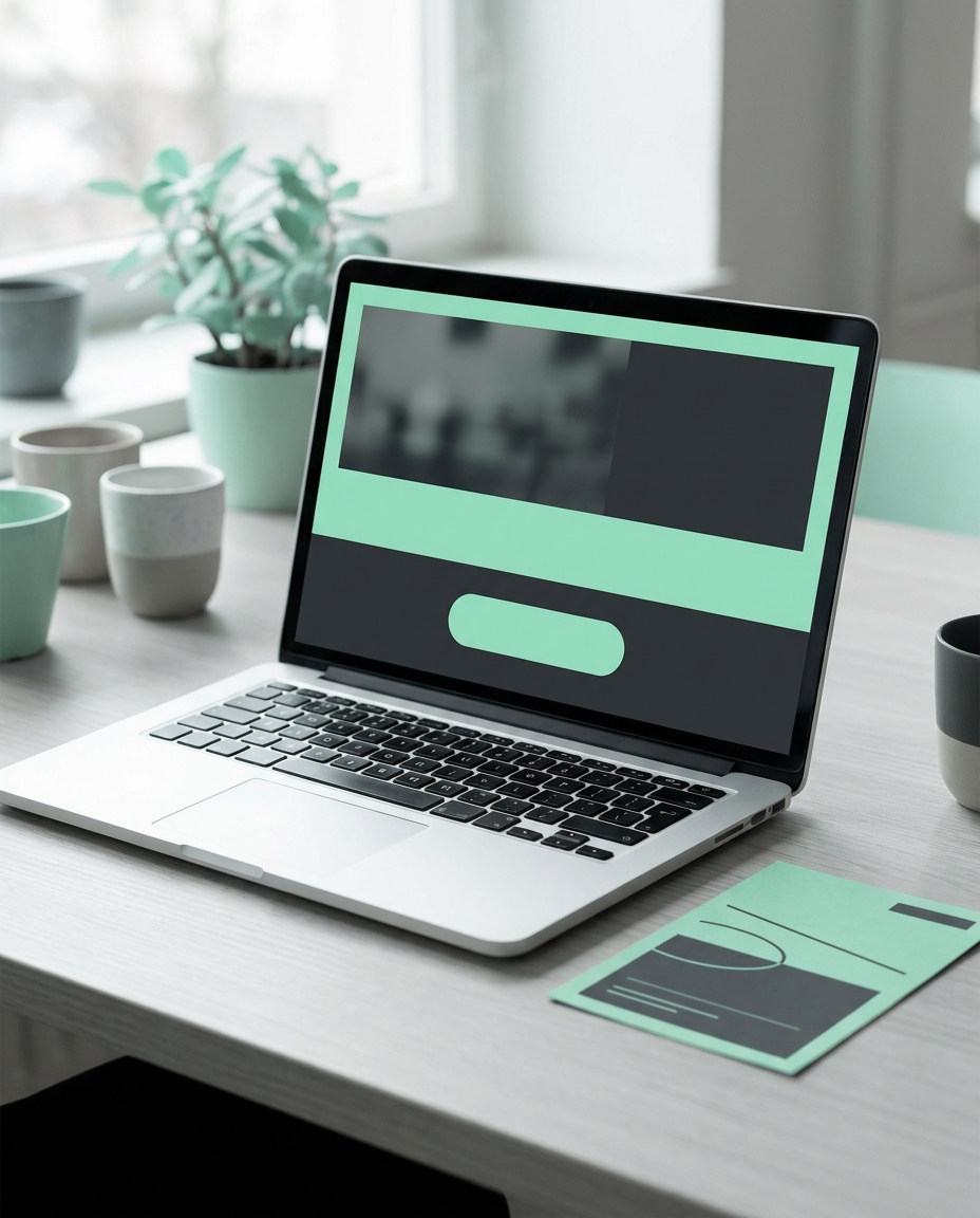Un laptop cu ecranul de culoare verde mentă și negru se află pe un birou, lângă câteva căni, o plantă și un blocnotes de aceeași culoare, verde mentă. În fundal se vede o fereastră.
