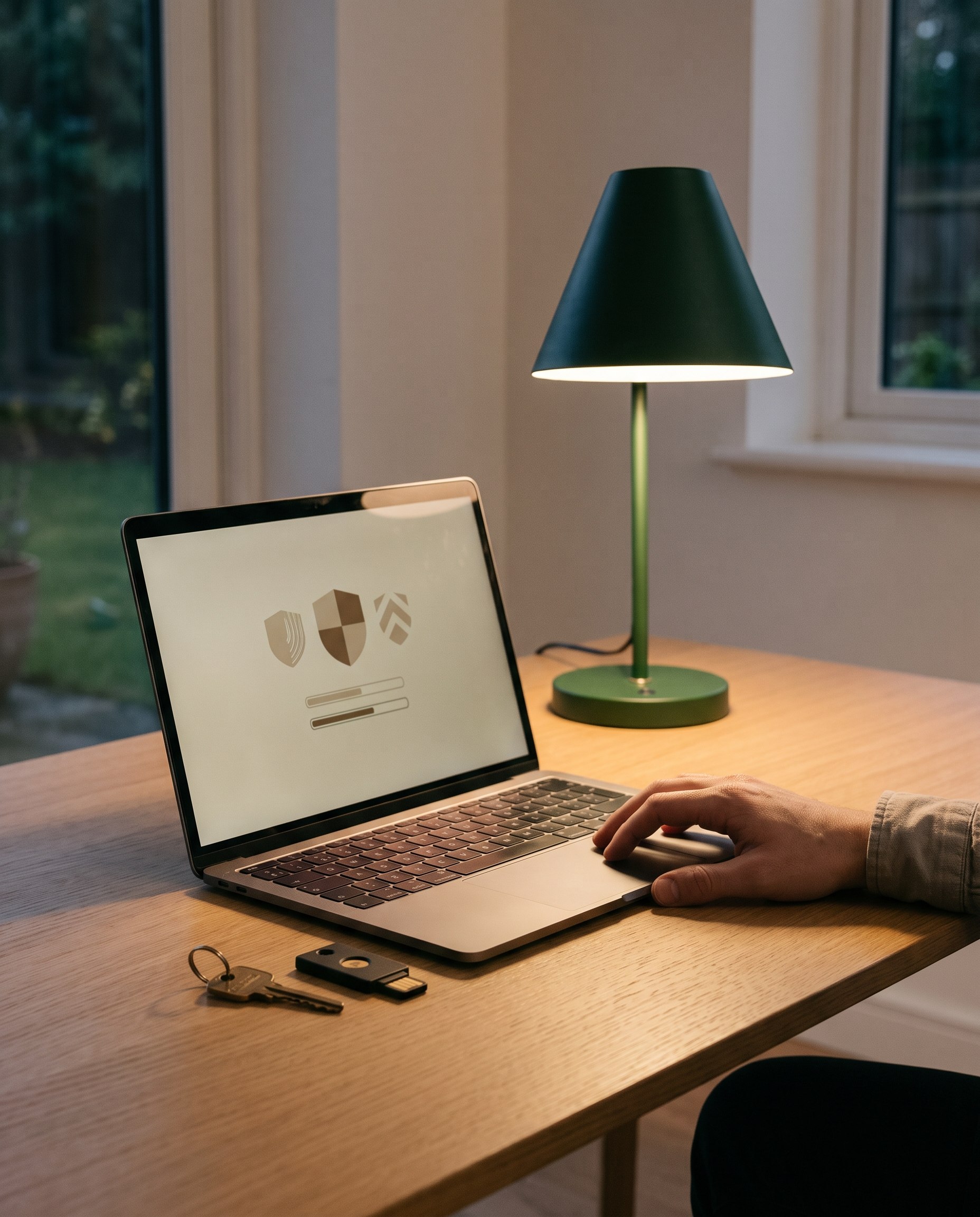 Laptop cu panou de securitate, cheie și token fizic pe birou, seara