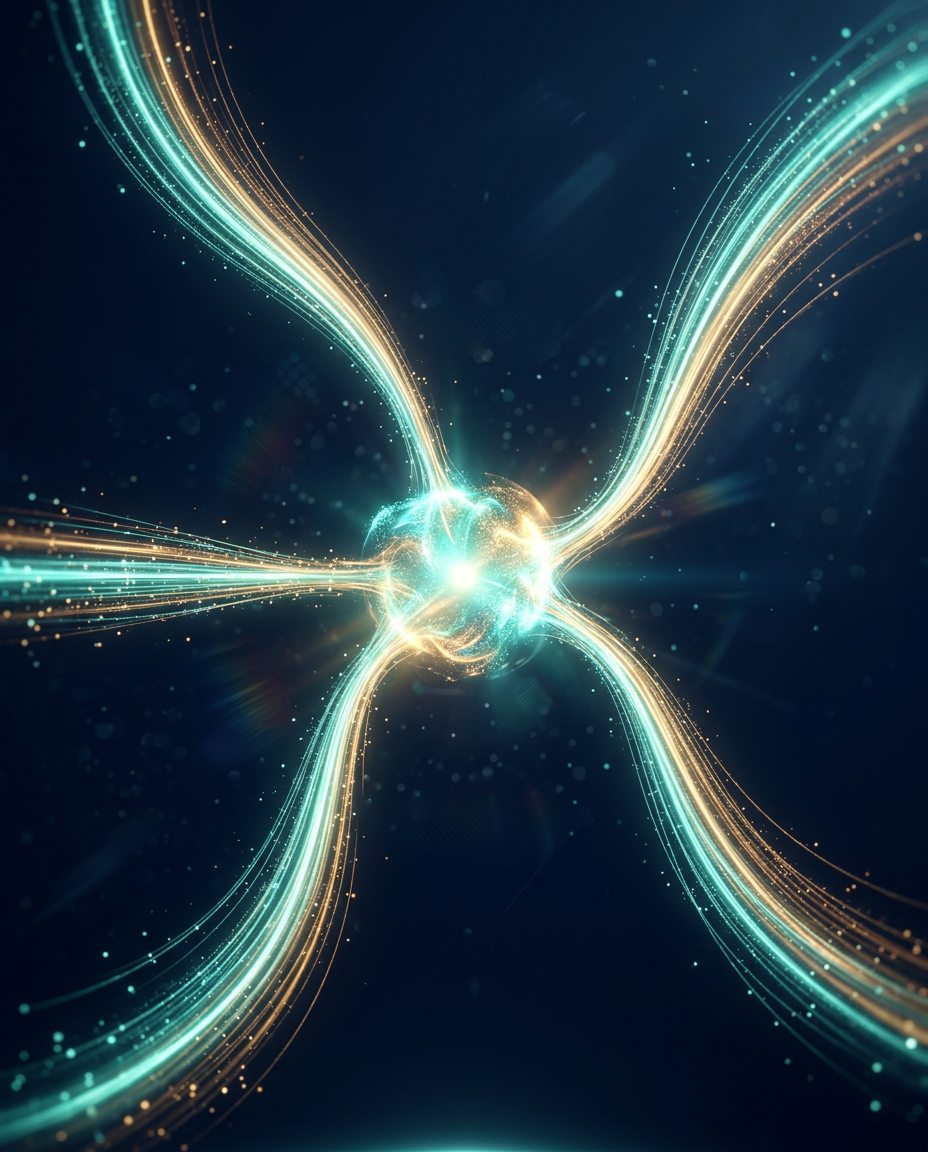 Fluxuri de energie strălucitoare, de culoare albastră și aurie, converg și se învârt în jurul unui nucleu sferic luminos, pe un fundal întunecat, creând un efect dinamic și futurist.
