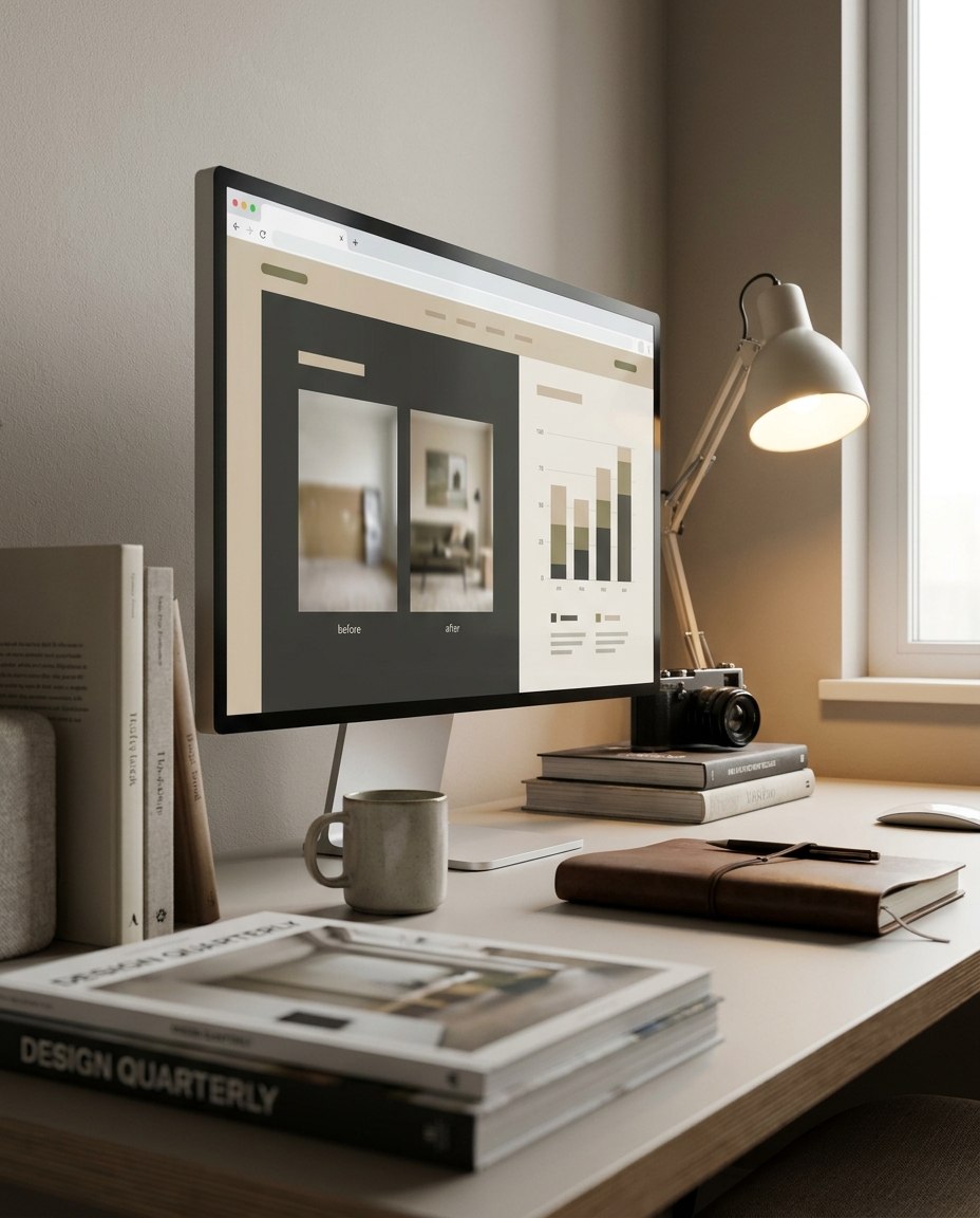 Un birou modern cu un monitor pe care sunt afișate diagrame, grafice și comparații de fotografii, înconjurat de cărți, o cană, un aparat foto, un caiet și o lampă de birou, lângă o fereastră.