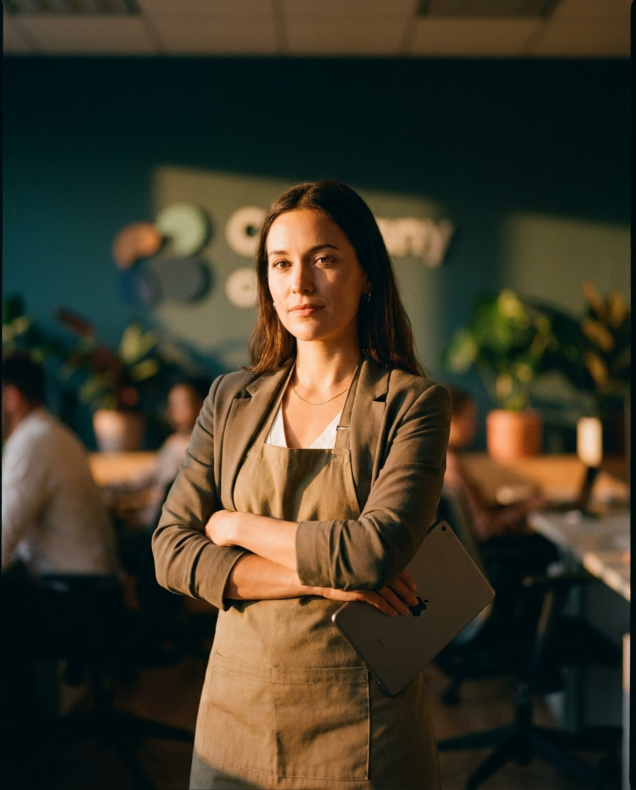 O femeie îmbrăcată cu un șorț și un blazer stă cu încredere, cu o tabletă în mână și cu brațele încrucișate, într-un birou modern, cu plante și oameni care lucrează în fundal.