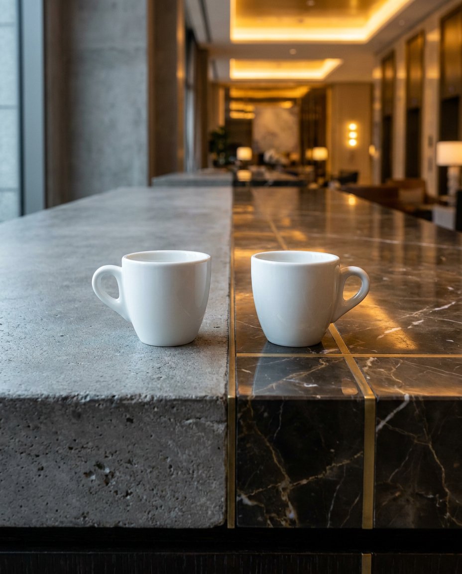 Două cești albe de cafea stau una lângă alta pe un blat, una pe beton și cealaltă pe marmură închisă la culoare, într-un spațiu interior modern, cu o iluminare caldă.