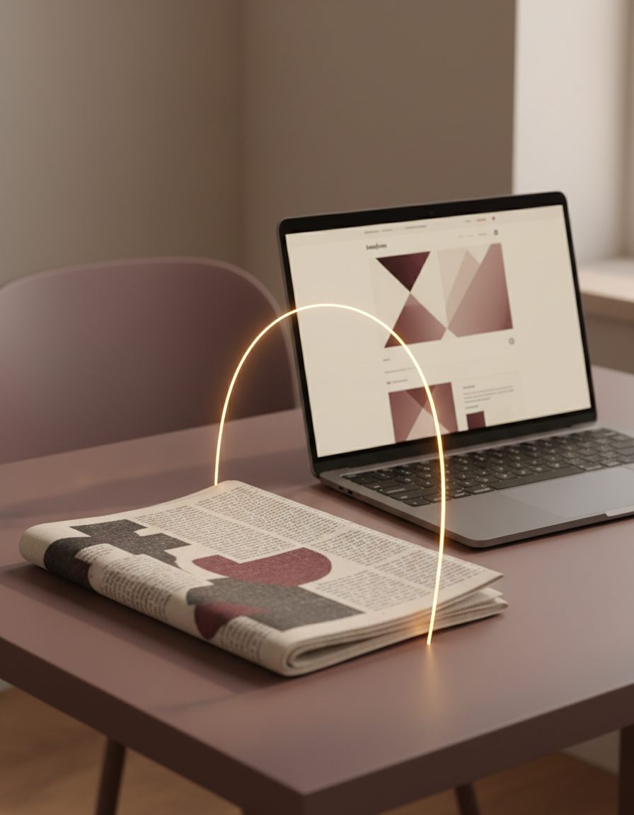 Pe un birou de culoare mov se află un ziar și un laptop deschis. Un arc luminos leagă ziarul de ecranul laptopului, pe care se afișează modele geometrice abstracte în culori similare.