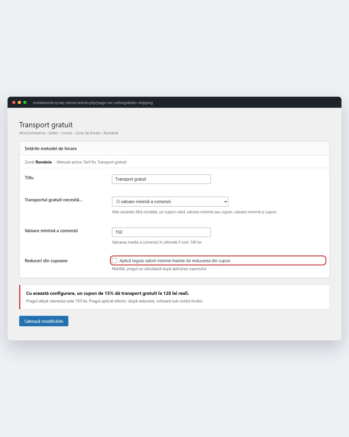 Setările metodei de transport gratuit din WooCommerce, cu pragul de 150 de lei și caseta pentru reducerea din cupon nebifată