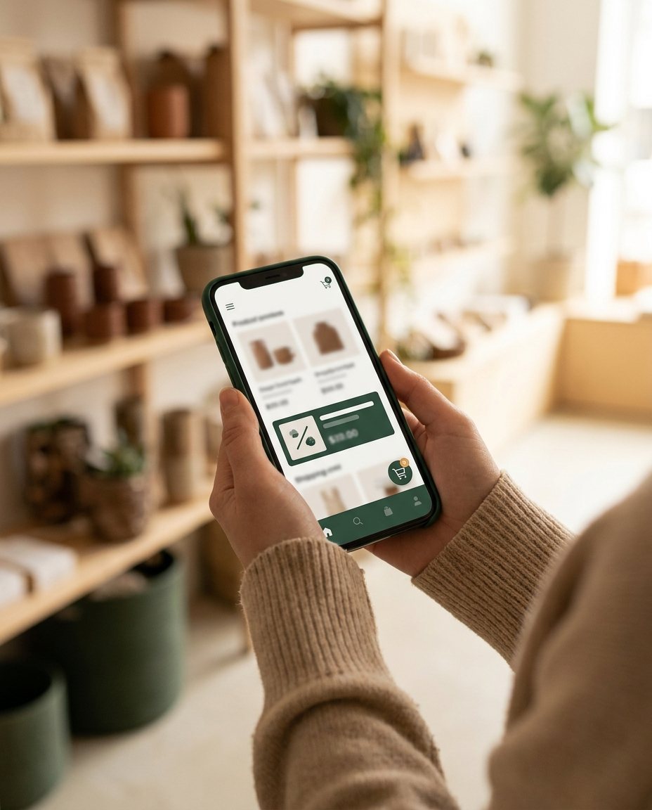 O persoană care ține în mână un smartphone pe care se afișează o aplicație de cumpărături online cu imagini ale produselor și o ofertă de reducere, aflată într-un magazin, având în fundal rafturi cu articole de culoare maro și bej.