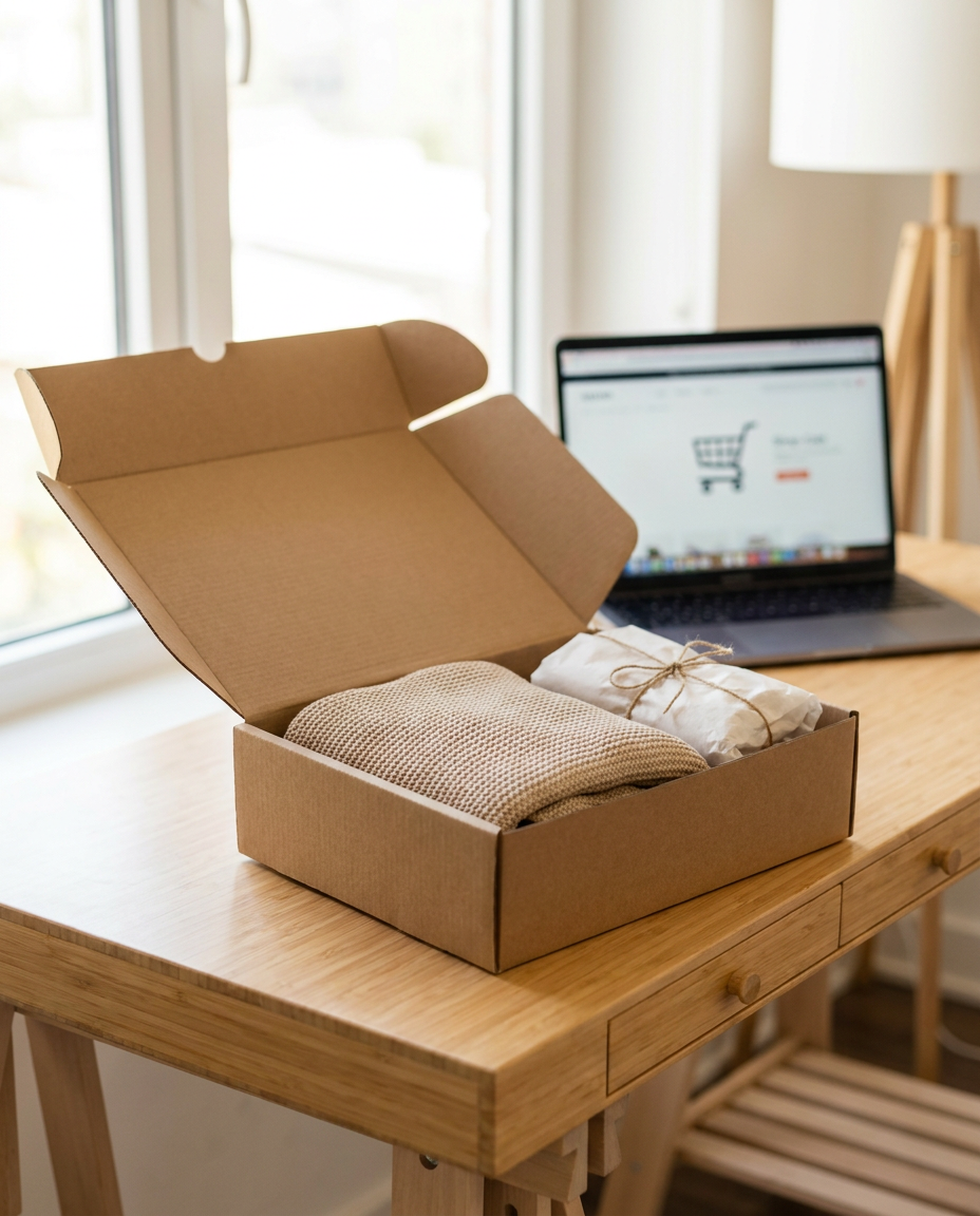 O cutie de carton deschisă, în care se află haine împăturite, stă pe un birou din lemn, lângă un laptop pe ecranul căruia se vede un coș de cumpărături online, lângă o fereastră prin care pătrunde lumina naturală.