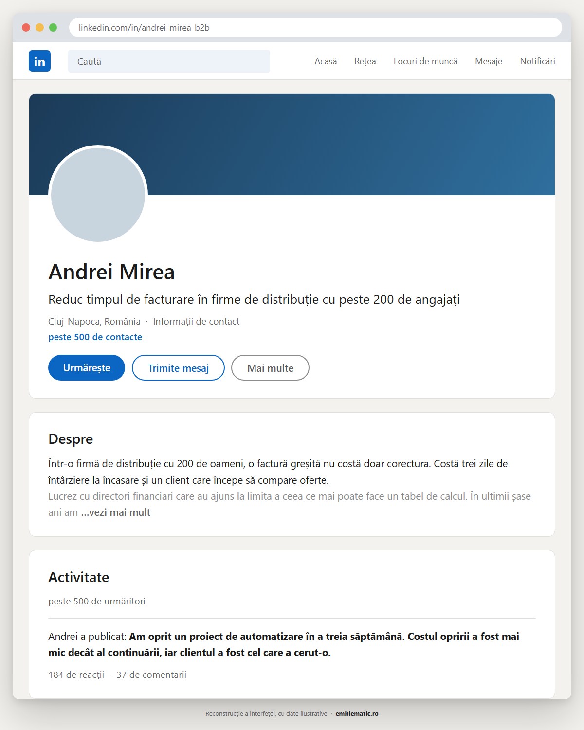 Profil de LinkedIn cu titlul formulat pe problema clientului, nu pe funcție
