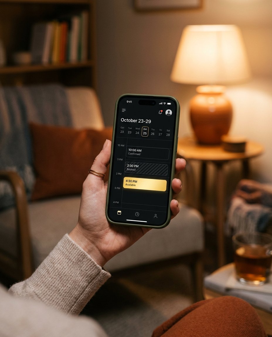 O persoană ține în mână un smartphone pe care este afișată o aplicație de calendar. Pe ecran sunt afișate evenimentele din perioada 23–29 octombrie. Fundalul confortabil include o lampă, rafturi cu cărți, un fotoliu și un pahar cu o băutură pe o masă.