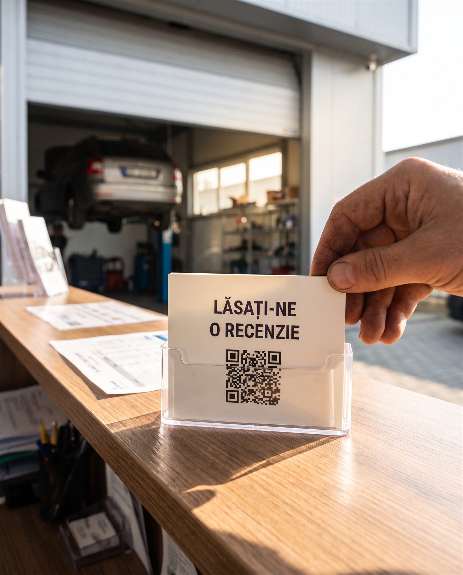 O mână așează o carte pe care scrie „Lăsați-ne o recenzie”, împreună cu un cod QR, într-un suport transparent de pe un tejghea din lemn. În fundal, o mașină este ridicată pentru reparații în interiorul unui service auto.