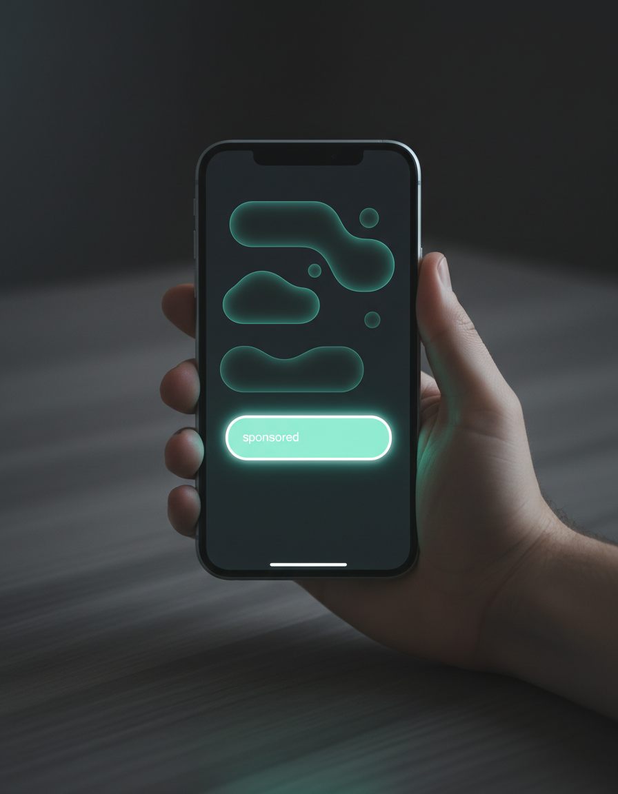 O mână ține un smartphone pe ecranul căruia se vede o interfață abstractă, cu forme luminoase și un buton evidențiat pe care scrie „sponsorizat”. Fundalul este estompat și are nuanțe neutre.