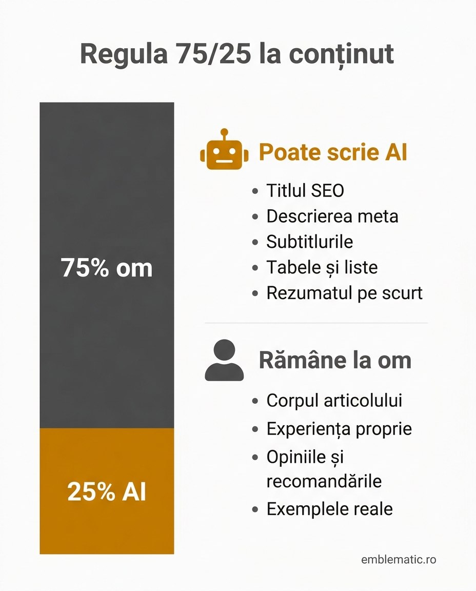 Infografic cu regula 75/25: ce părți din conținut poate scrie AI-ul și ce rămâne la om