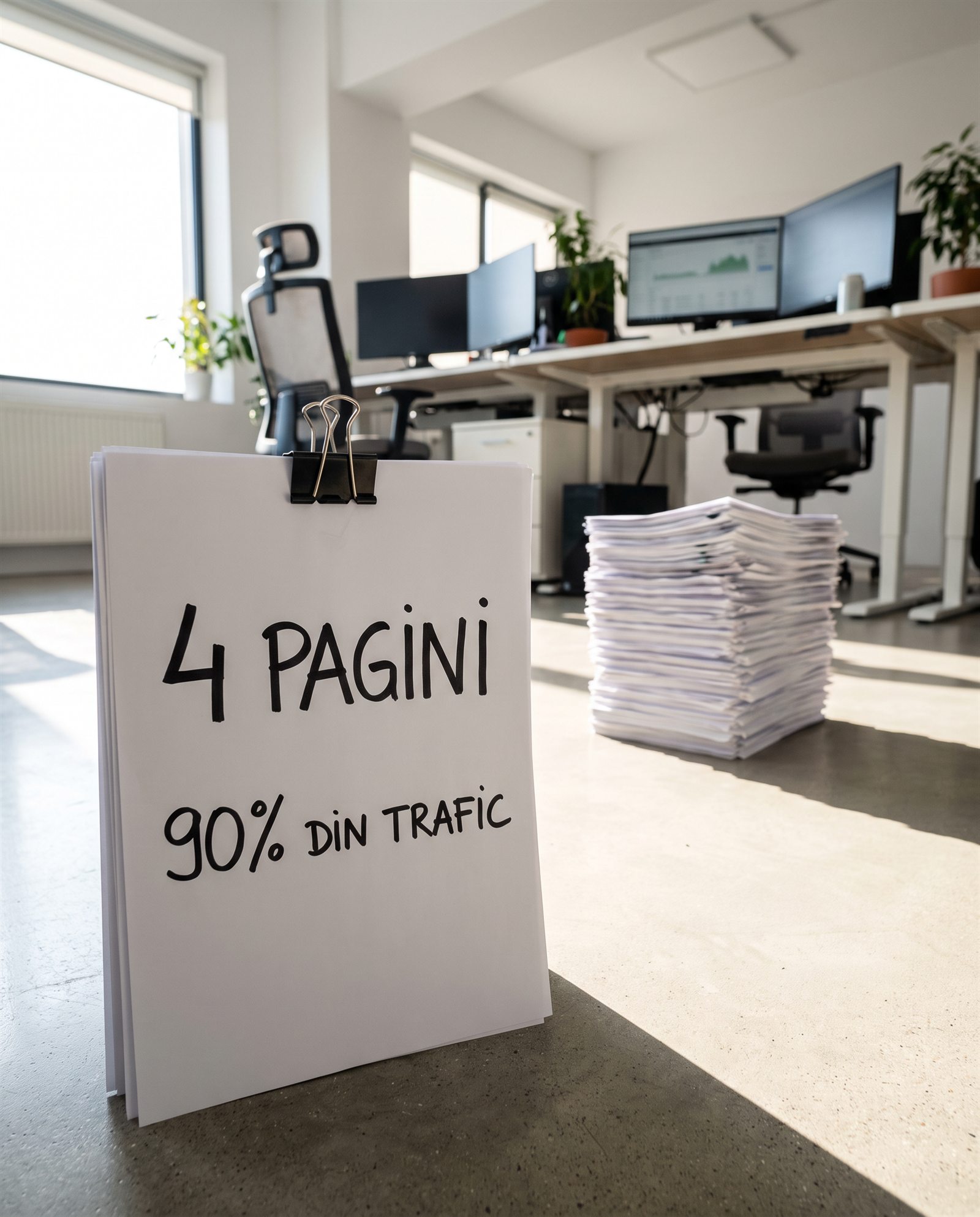 O grămadă de hârtii pe a cărei primă pagină scrie „4 PAGINI 90% DIN TRAFIC” se află pe podea într-un birou modern, cu birouri, calculatoare și o altă grămadă de hârtii în fundal.