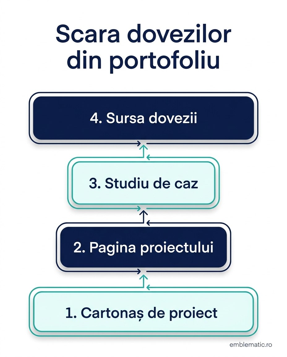 Infografic cu cele patru niveluri de dovadă dintr-un portofoliu: cartonaș de proiect, pagina proiectului, studiu de caz și sursa dovezii