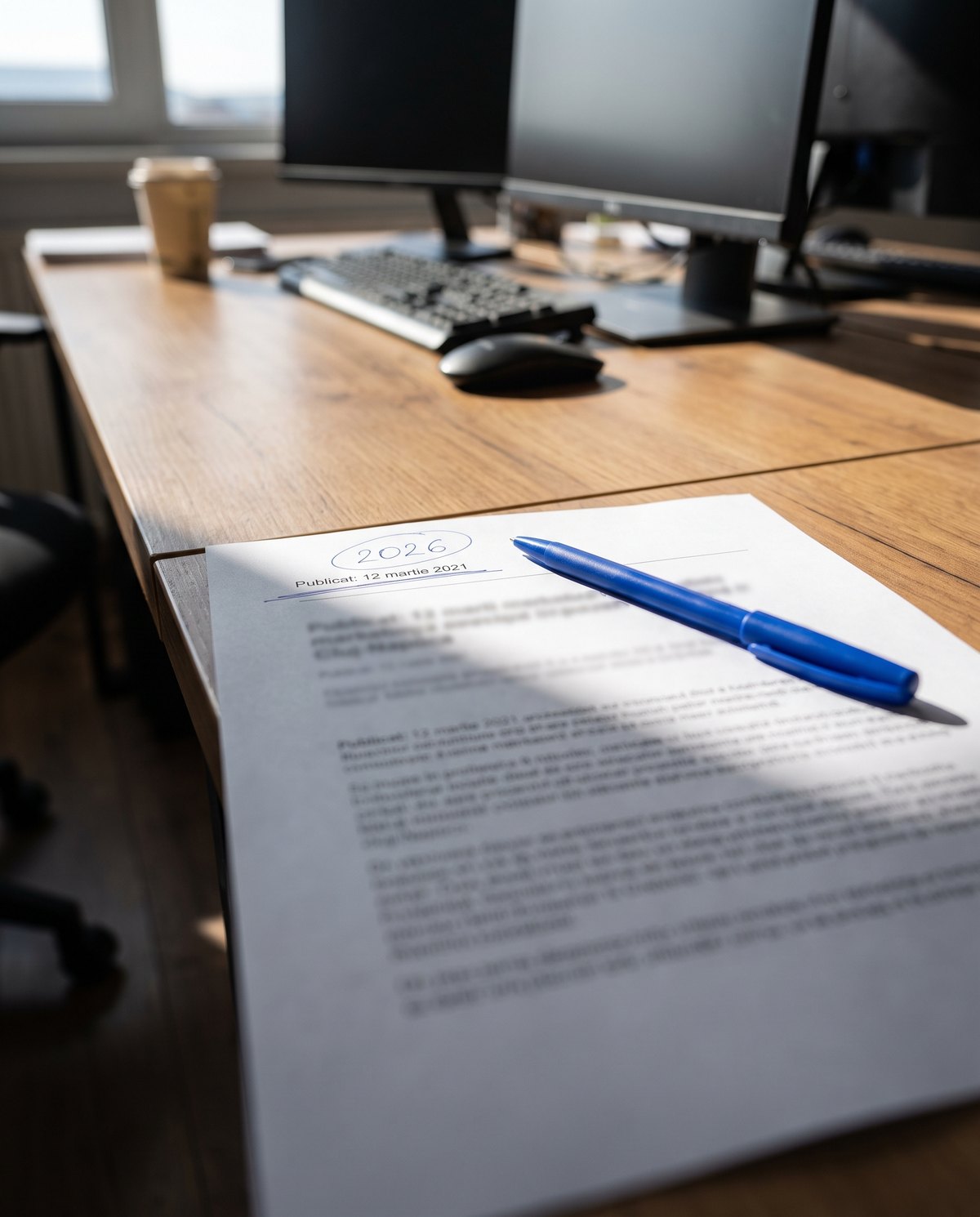 Un stilou albastru se află așezat pe un document tipărit, așezat la rândul său pe un birou din lemn, lângă o tastatură, monitoare și o ceașcă de cafea, într-un birou luminat de soare.