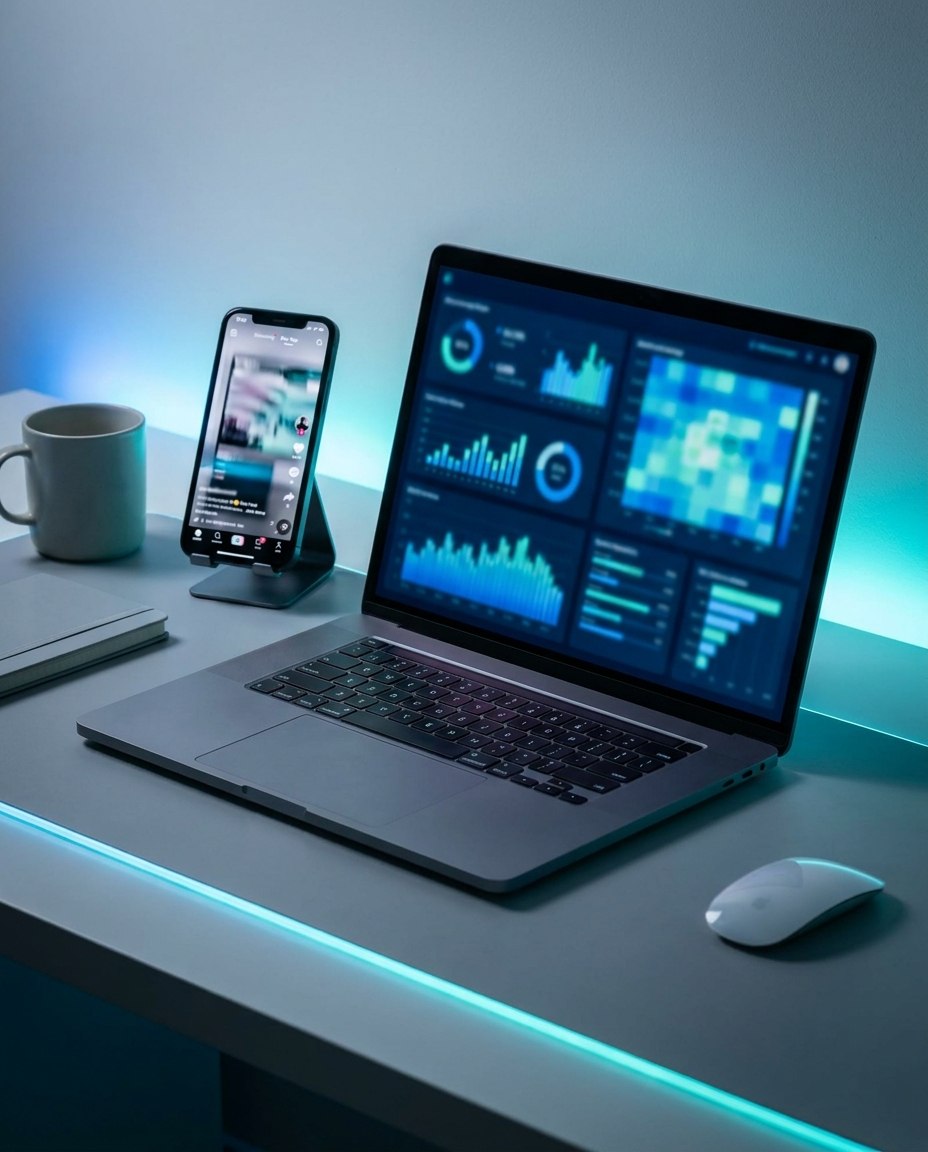 Un laptop pe care sunt afișate vizualizări de date se află pe un birou alături de un smartphone, o cană, un caiet și un mouse, totul fiind iluminat de lumini LED albastre.