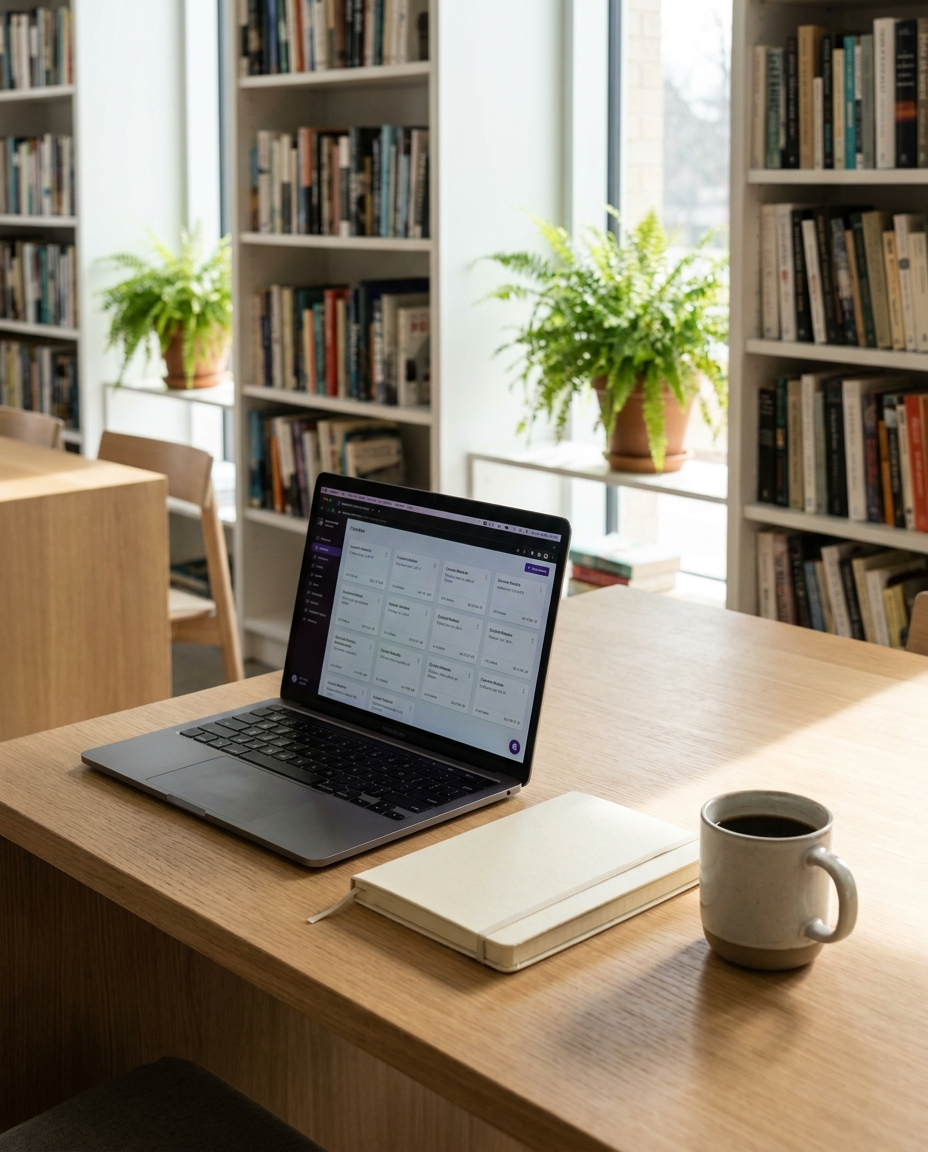 Un laptop, un notebook și o cană de cafea se află pe o masă de lemn într-o bibliotecă, cu rafturi de cărți și ghivece cu plante în fundal. Lumina soarelui pătrunde prin ferestrele mari.