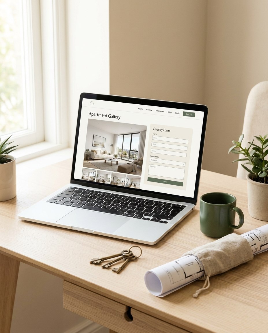 Pe un birou se află un laptop pe care este deschis site-ul unei galerii de apartamente. Lângă acesta se află o cană verde, un creion, un plan arhitectural rulat și niște chei. Lumina soarelui pătrunde printr-o fereastră din apropiere, luminând spațiul de lucru.