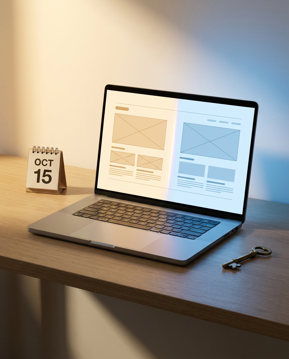 Un laptop, pe ecranul căruia se vede o schiță a unui site web, se află pe un birou din lemn, lângă un calendar pe care scrie „15 OCT” și o cheie. Lumina difuză creează o atmosferă liniștită în spațiul de lucru.