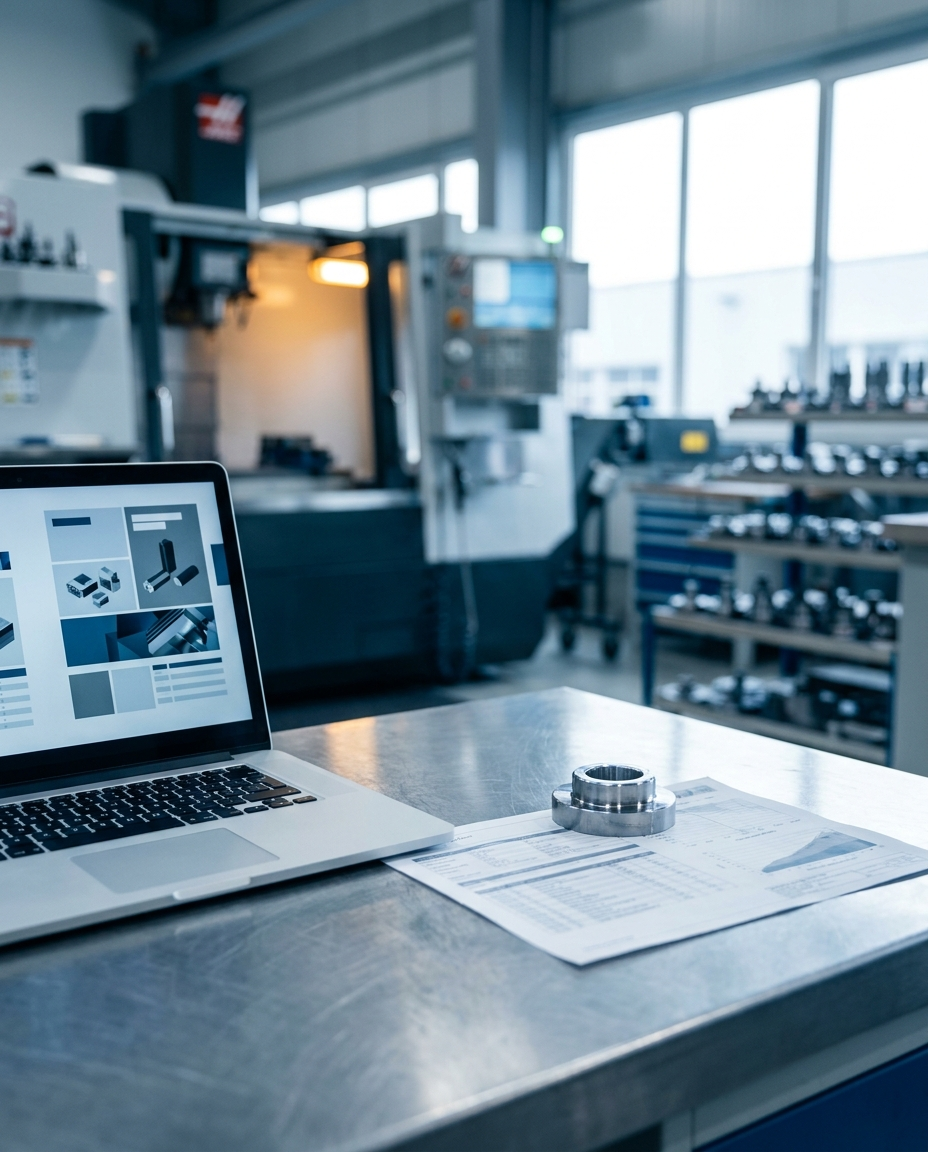 Un laptop pe ecranul căruia se afișează diagrame tehnice este așezat pe o masă metalică, lângă o piesă metalică și niște documente, iar în fundalul unui spațiu luminos de fabrică se disting echipamente industriale și unelte.