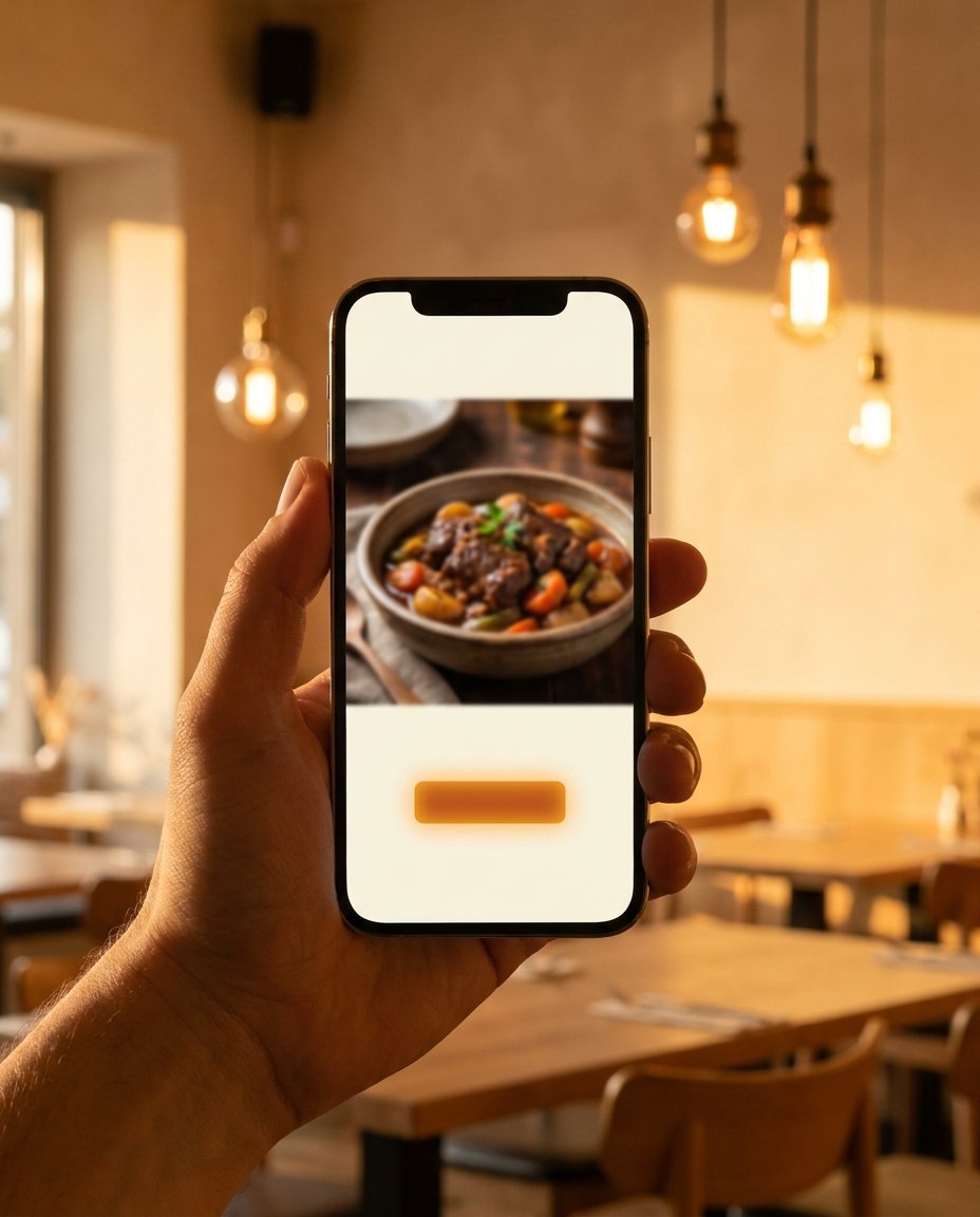O mână ține un smartphone pe care se vede o fotografie cu un platou servit într-un restaurant confortabil, cu mese și scaune din lemn și lămpi suspendate în fundal.