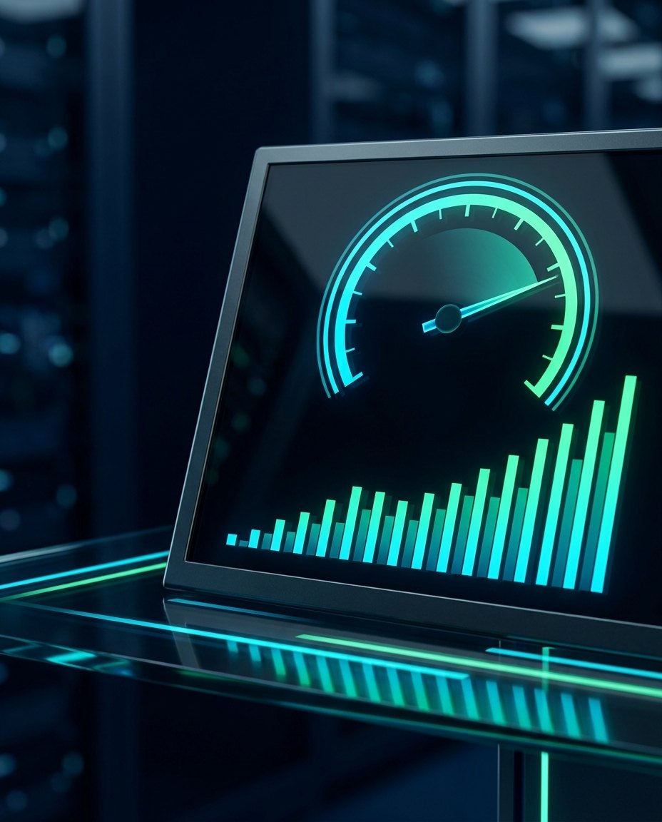 Un monitor de computer afișează un vitezometru digital și un grafic cu bare verzi și albastre în creștere, care simbolizează analizele de performanță sau de viteză, într-un mediu tehnologic modern.