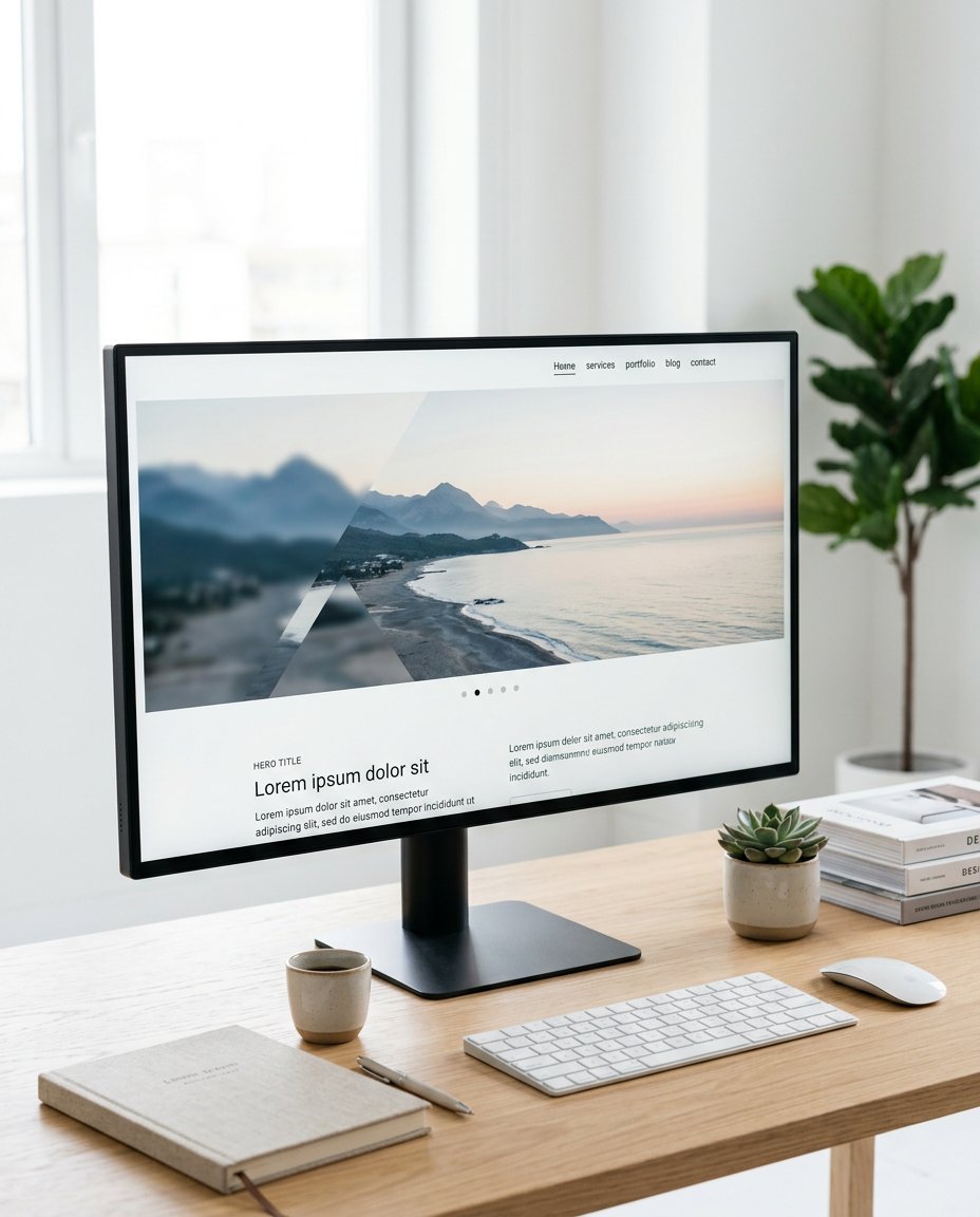 Pe un birou din lemn se află un monitor de computer pe care este afișat un site web cu o imagine a unei plaje. În apropiere se află o tastatură, un mouse, un caiet, un stilou și două plante mici în ghivece. În fundal se văd ferestre luminoase.