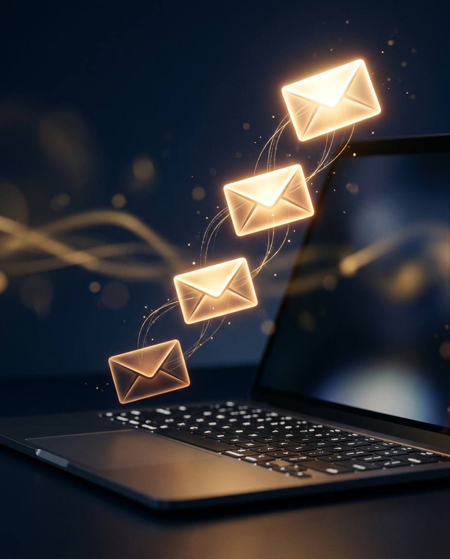 Plicuri digitale luminoase plutesc deasupra tastaturii unui laptop, simbolizând e-mailul sau comunicarea digitală, pe un fundal întunecat și însoțite de efecte de lumină care se învârt.