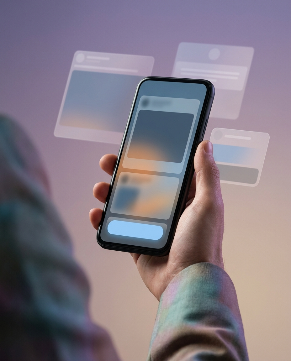O persoană ține în mână un smartphone, în jurul căruia se văd elemente ale interfeței digitale estompate și ferestre de aplicații plutitoare, sugerând interacțiunea cu mai multe aplicații.