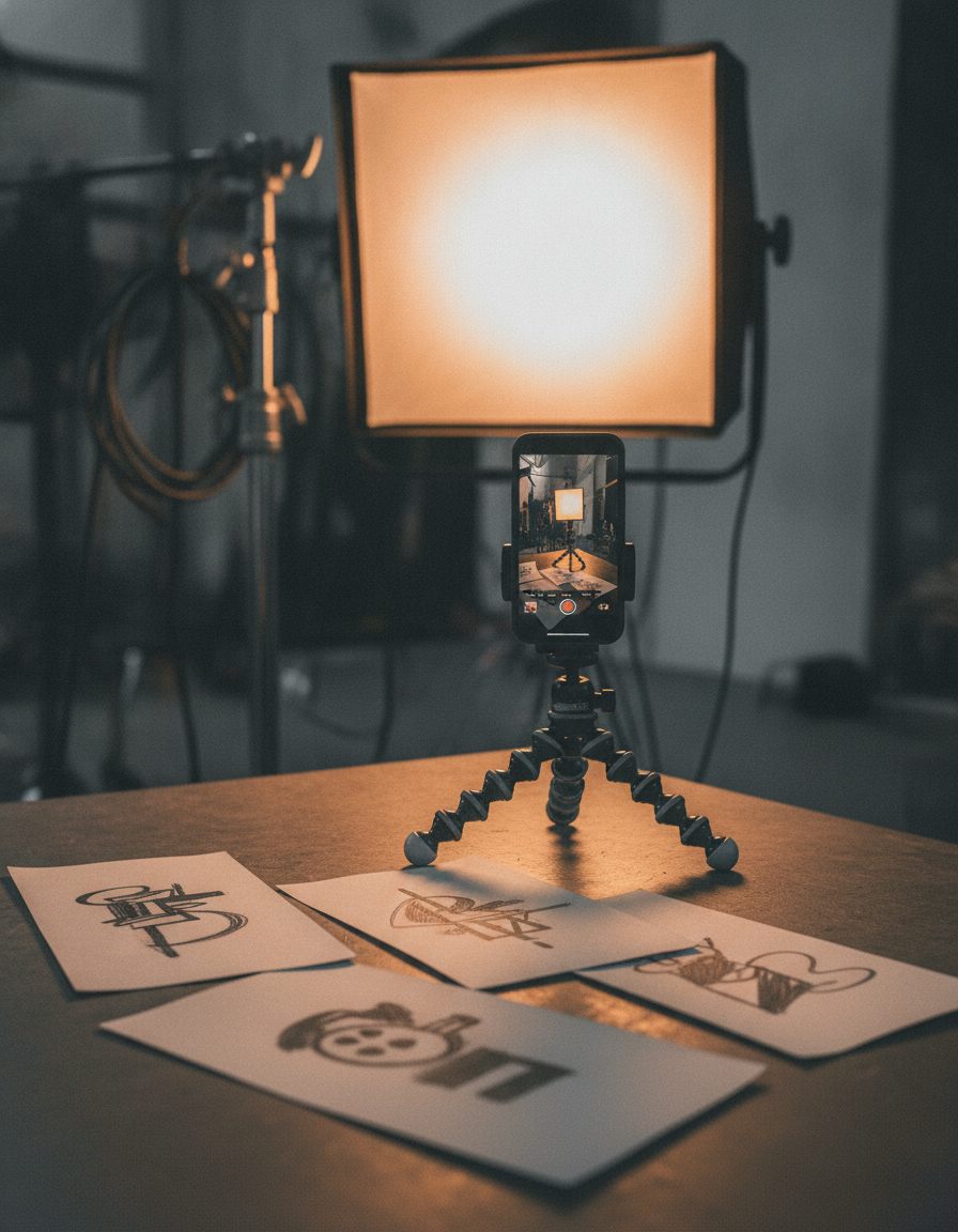 Un smartphone montat pe un trepied filmează schițe așezate pe o masă, având în spate o lumină puternică provenită de la un softbox. Pe suprafața mesei se pot vedea patru desene animate în alb-negru.