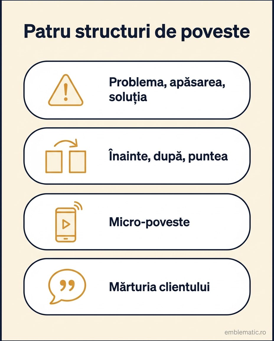 Infografic cu patru structuri de poveste pentru reclame video: problema, apăsarea, soluția; înainte, după, puntea; micro-poveste; mărturia clientului