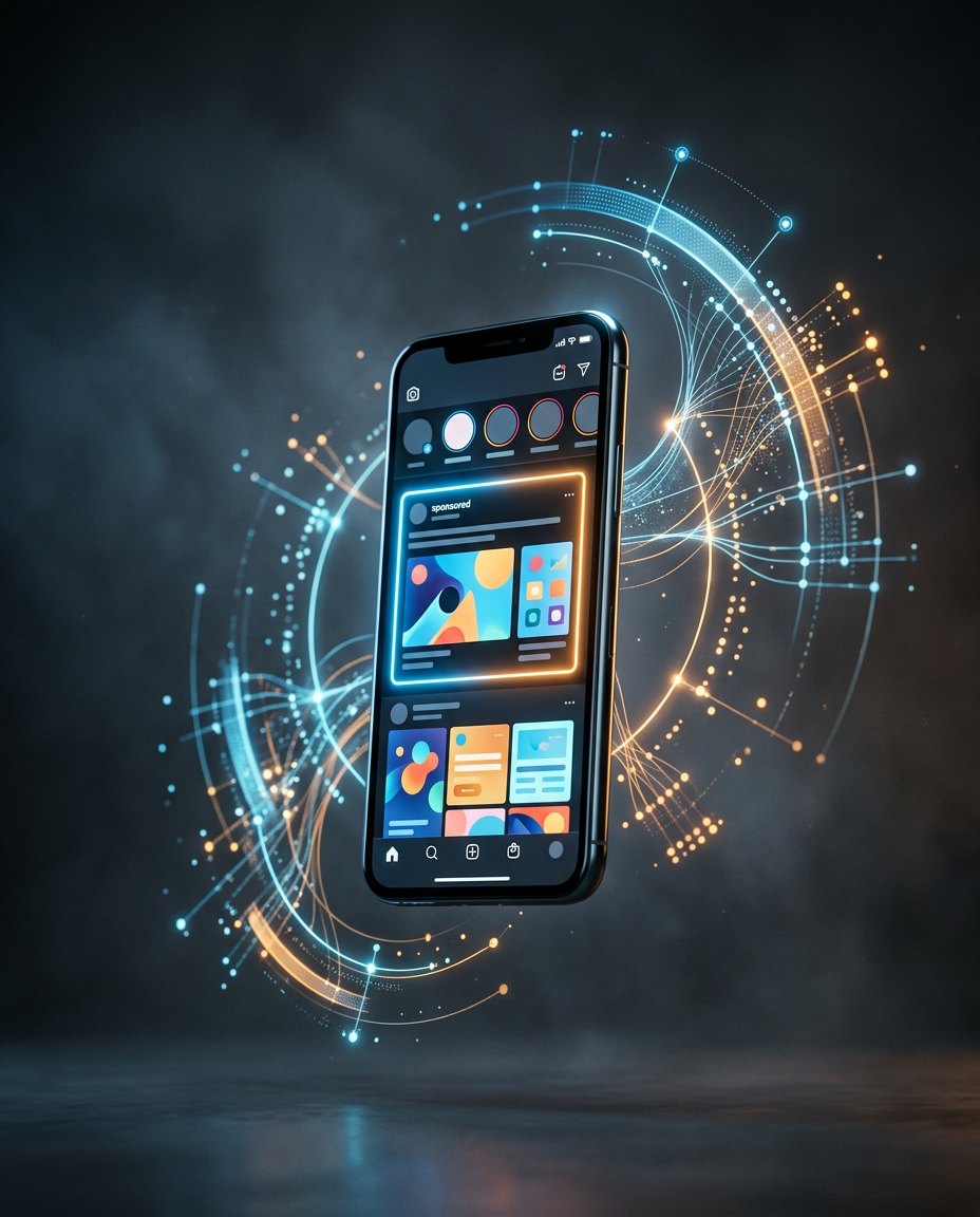 Un smartphone pe ecranul căruia se afișează imagini digitale colorate plutește în aer, înconjurat de linii abstracte strălucitoare și noduri de date, simbolizând tehnologia și conectivitatea.