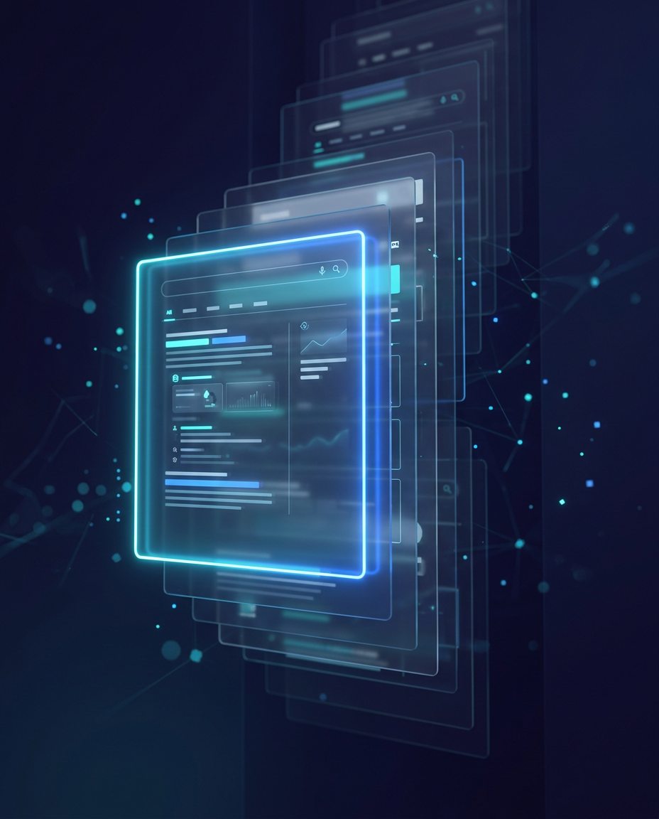O interfață digitală luminoasă plutește printre ecrane transparente dispuse în straturi, afișând date și grafice pe un fundal întunecat, însoțite de lumini albastre abstracte și linii de legătură.