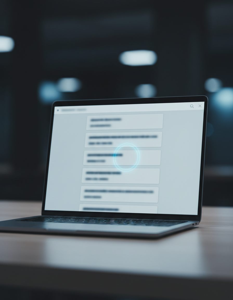 Un laptop așezat pe un birou afișează o pagină web neclară, cu o pictogramă de încărcare în centru, care indică faptul că conținutul este încă în curs de încărcare. Fundalul este neclar, prezentând un birou slab iluminat.