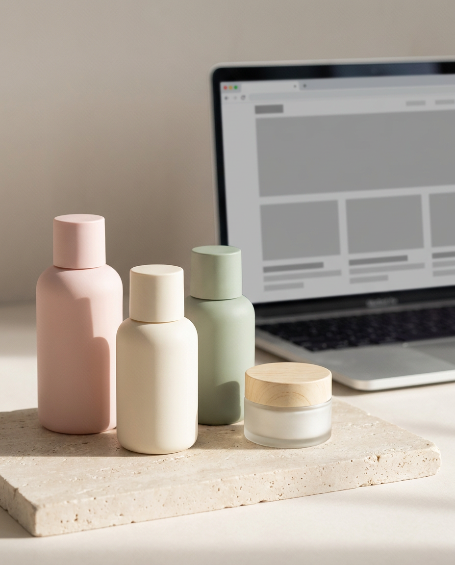 Trei sticle în culori pastelate și un borcan mic sunt așezate pe o placă de piatră, lângă un laptop deschis pe care se vede un site web cu un design minimalist. Lumina naturală difuză creează umbre delicate în cadru.