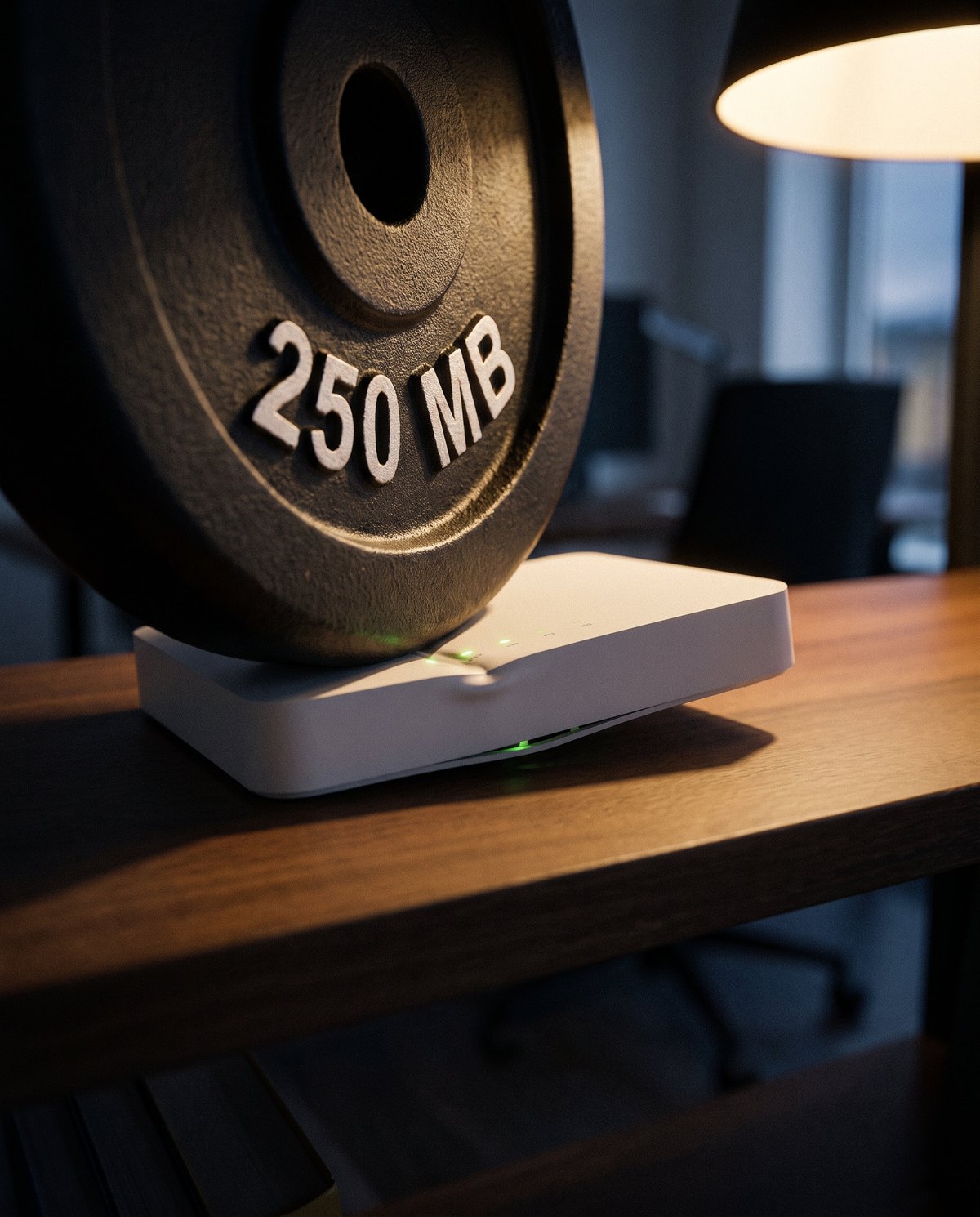 O greutate de 250 MB se află așezată deasupra unui router Wi-Fi alb, pe un birou din lemn, iluminată de o lampă de birou, într-un birou amenajat acasă.