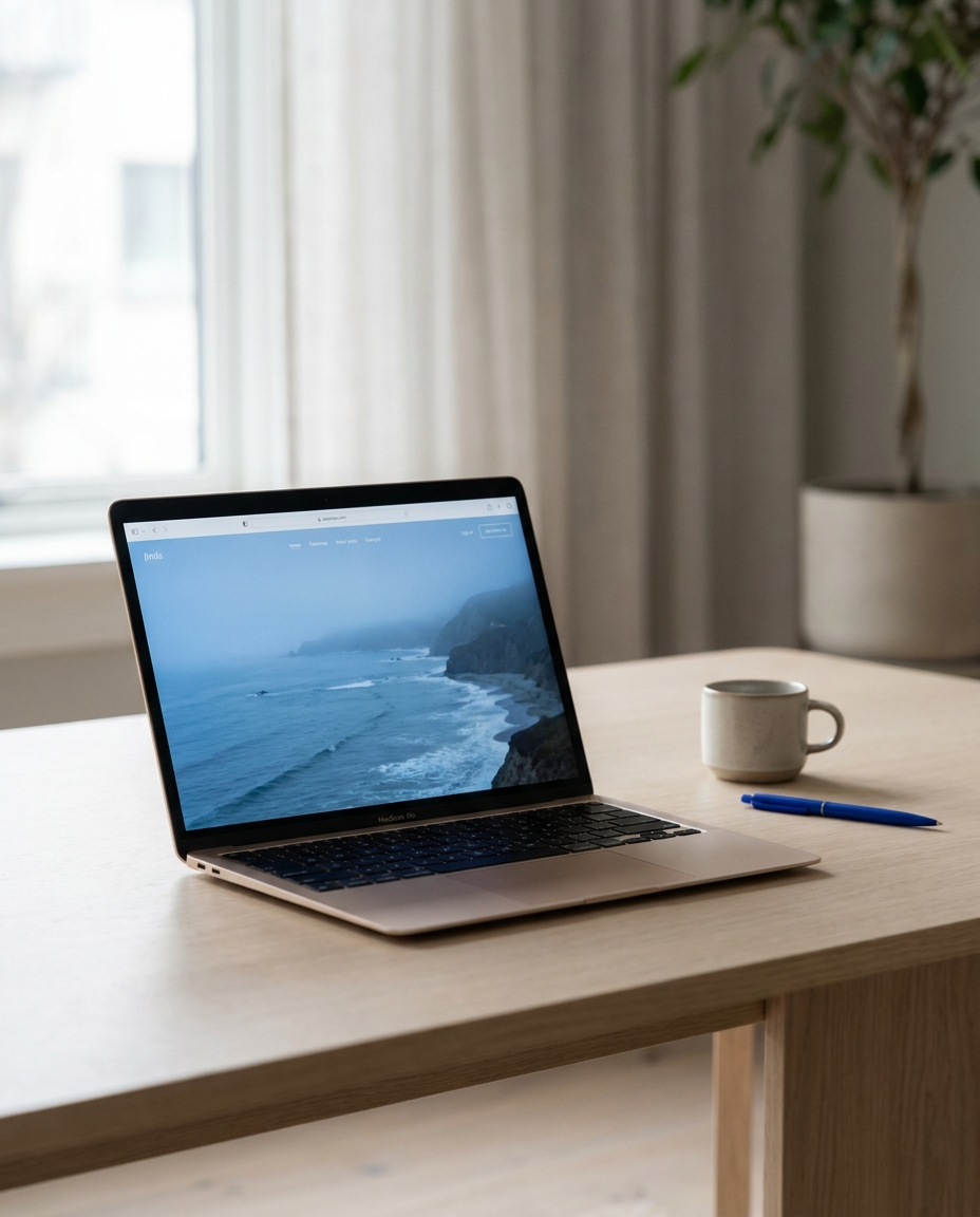 Un laptop pe ecranul căruia se vede o priveliște de coastă se află pe o masă de lemn, lângă o cană și un stilou albastru, iar în fundalul luminat discret se disting o fereastră și o plantă în ghiveci.