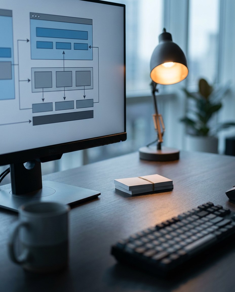 Pe un birou se află un monitor de computer pe care este afișat un diagramă de flux, alături de o tastatură, o cană, o lampă și un teanc de fișe, cu o plantă estompată și ferestre în fundal.